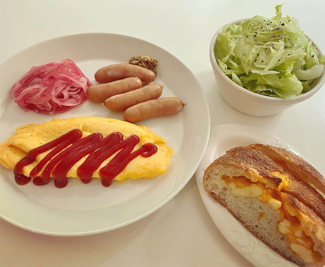 浅田信一のインスタグラム：「オムレツ定食（自作）  パンはPetersen @petersen.211 のチーズフレンチ。本当においしくてしかも価格が良心的。早朝からのパン焼き頭が下がるよ。ララもおいしいものはわかるよね。でもそれオレの。」