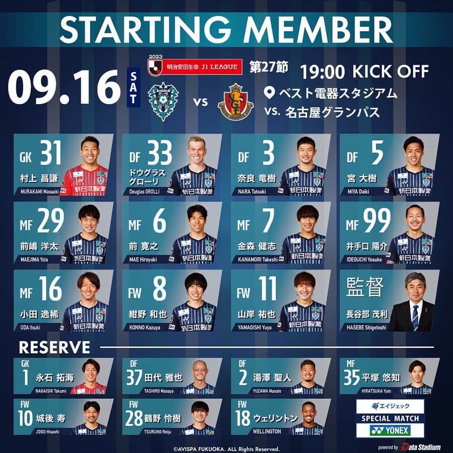 アビスパ福岡のインスタグラム：「🏆明治安田生命J1リーグ第27節🏆 #アビスパ福岡 🆚 #名古屋グランパス #エイジェック #YONEX SPECIAL MATCH ⏰19:00KO 🏟#ベススタ  本日のメンバーが発表されました🐝 熱い応援をよろしくお願いします‼️  #avispa」