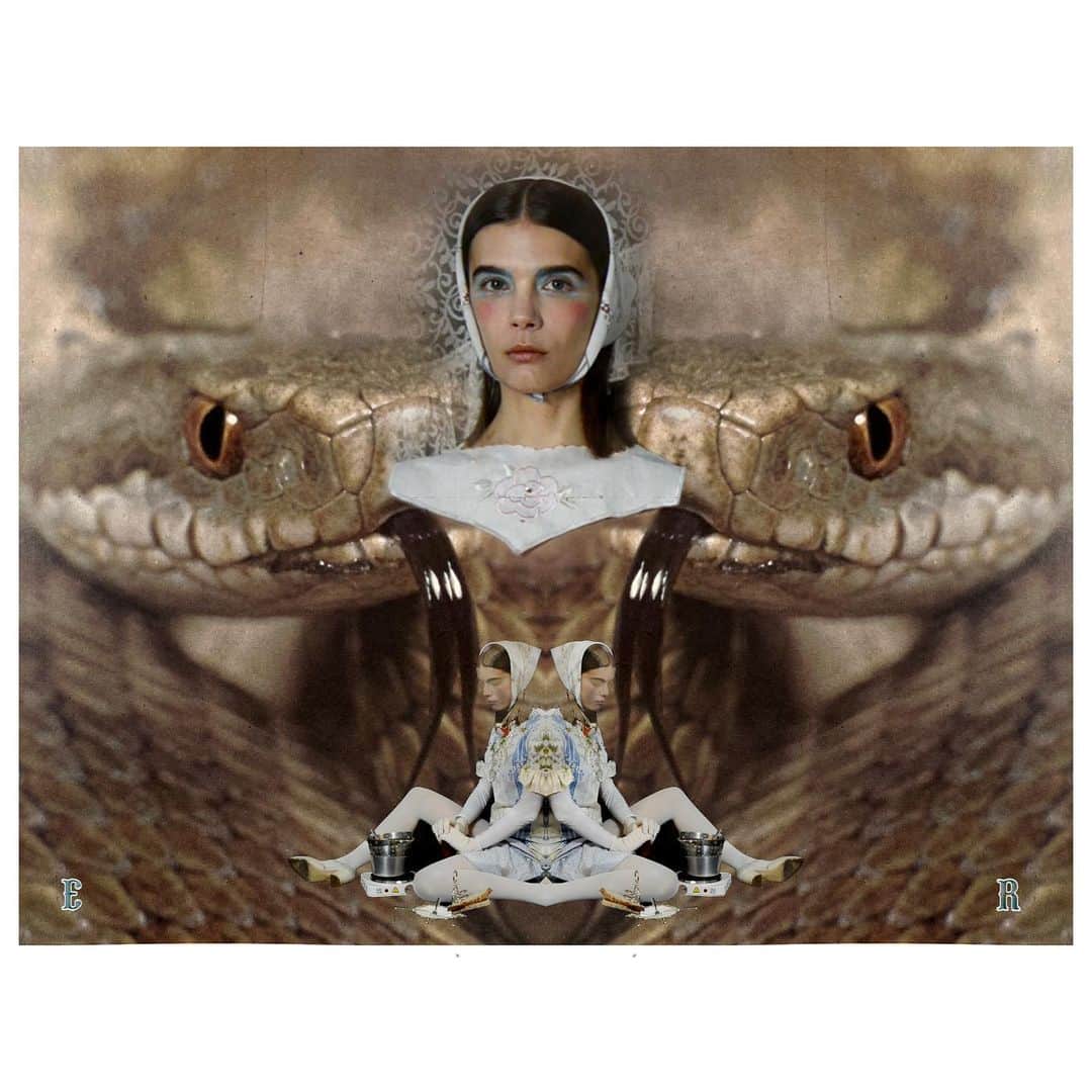 Elena Rendinaのインスタグラム：「🤎 Leading the world into the wrong way 🤎  self portrait with snake  collage」