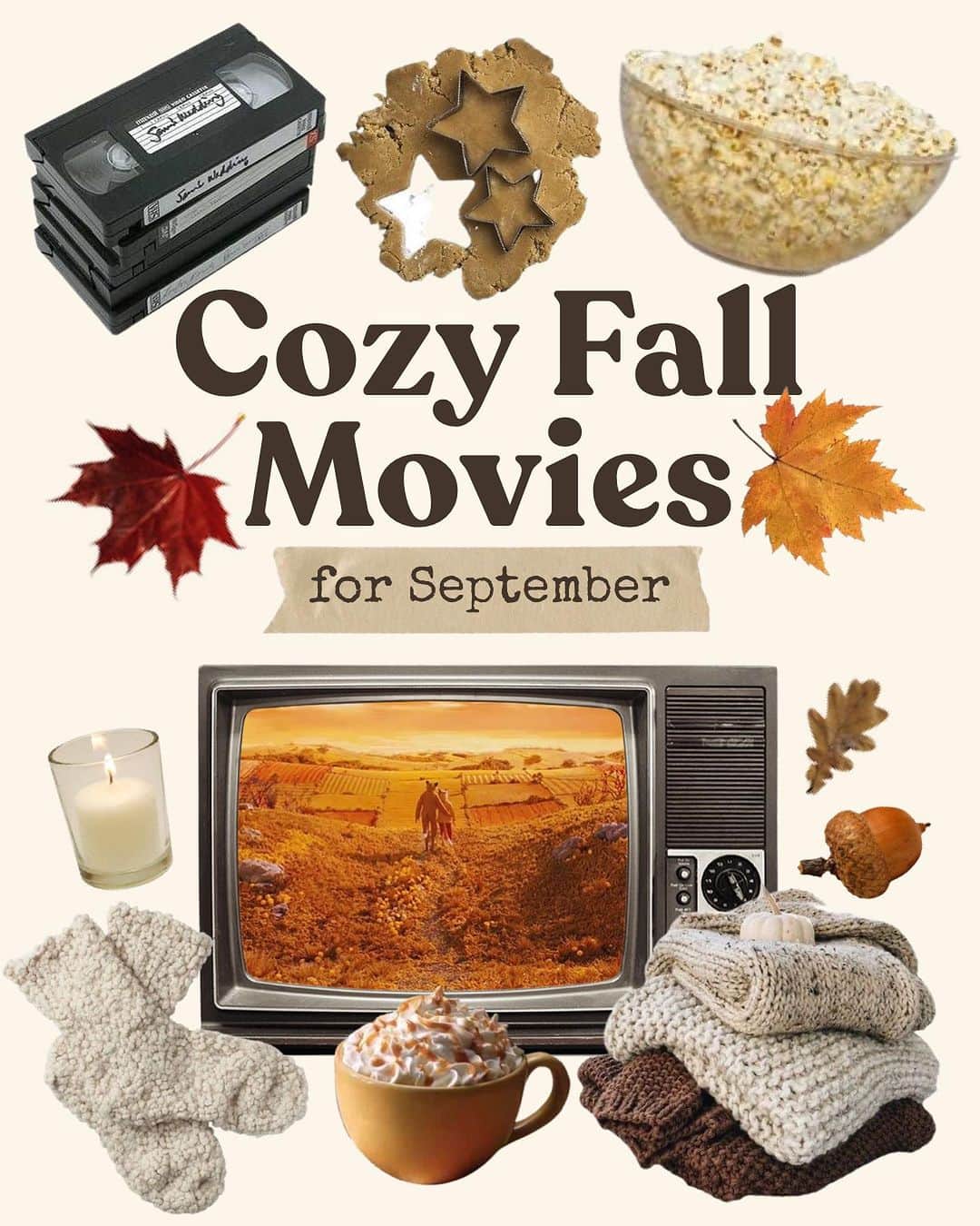 Dara Muscatのインスタグラム：「As promised, here is my Cozy Fall Movie List with kind, light-hearted, and a few slightly melancholic films (and one spooky one👻) 🤎 These are movies that I personally enjoy and love to watch every September to set the mood for cozy days and to slow down with. 🍂🍁🤎 And all my favorite dark comedies and spooky movies for Halloween list will be coming in October.🎃👻 #daracollages」