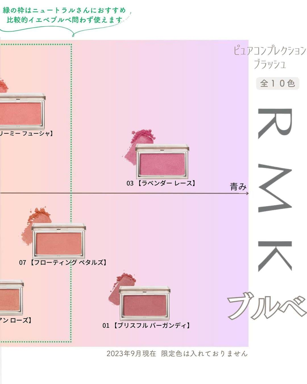 山本裕美のインスタグラム：「先日投稿したRMKのチーク イエベブルベをまたがるお客様から マトリックスを見開きで見たいとのご要望をいただき デザインを変えました。 ⁡ 以前のものはゆくゆく削除する予定です🙏 ⁡ 内容も少し変わっていますので ぜひこちらを保存し直してくださいね☺️ ⁡ ---- ⁡ 診断後のお客様から コスメに関する質問をたくさんいただくので 分かりやすくマトリックスにしてみました。 ⁡ 今回は【ブルベ編】です。 ⁡ ／ ⁡ RMK #ピュアコンプレクションブラッシュ 3,630円 全10色 ⁡ ＼ ⁡ ⁡ ⁡ チーク選びはリップやアイシャドウの色との バランスがとても大切✨ ⁡ 血色を足し算した方がいいか？ 引き算した方がいいか？ ⁡ ⁡ ですので、イエベブルベ問わず いくつかバリエーションを持っておくのが おススメです☝️ ⁡ ⁡ ぜひ参考になれば嬉しいです☺️ ⁡ ⁡ ⁡ ⁡ ⁡ ⁡ 16タイプパーソナルカラーメソッドに基づくアナリスト個人の見解です。 ※画像は公式サイトよりお借りしました。 ----- ⁡ ✨人生の節目に一生モノの自分軸を✨ ⁡ 各種診断・講座の詳細は プロフィール欄の𝘜𝘙𝘓より𝘔𝘌𝘕𝘜をご覧ください。 ⁡ @hiromi_yamamoto_mc ⁡ ---- ⁡ プロとして資格を取得したい方 ⁡ 【✍️顔タイプ診断®️１級 認定講座】 2023年 9/20.21🈵  10/24.25空きあり 共に10:00〜17:00の2日間 ⁡ 【✍️パーソナル骨格診断 認定講座】 ⁡ 2023年 11/11.12(残1)  21.28(残2) 共に10:00〜18:00 の2日間 ⁡ ✅イメコンのスキルアップしたい方 ✅美容・アパレル業界の方 ✅自分のお洒落のために勉強したい方 ✅印象にまつわるお仕事に活かしたい方 ✅副業として何か始めたい方　𝘦𝘵𝘤... ⁡ ファッション業界以外の方も たくさん受講しに来てくださっています✨ お申し込み・お問い合わせはプロフィール欄の リンクよりお申し込みフォームへ🕊💌 ⁡ ---- ⁡ #ブルベ夏メイク  #ブルベ冬メイク  #パーソナルカラー夏 #パーソナルカラー冬 #ライトサマー #ブライトサマー #クールサマー #クリアウインター #ビビッドウインター #ディープウインター #クールウインター #ブルベチーク #RMKチーク #ピュアコンプレクションブラッシュ10 #ピュアコンプレクションブラッシュ01 #ピュアコンプレクションブラッシュ03 #ピュアコンプレクションブラッシュ07」