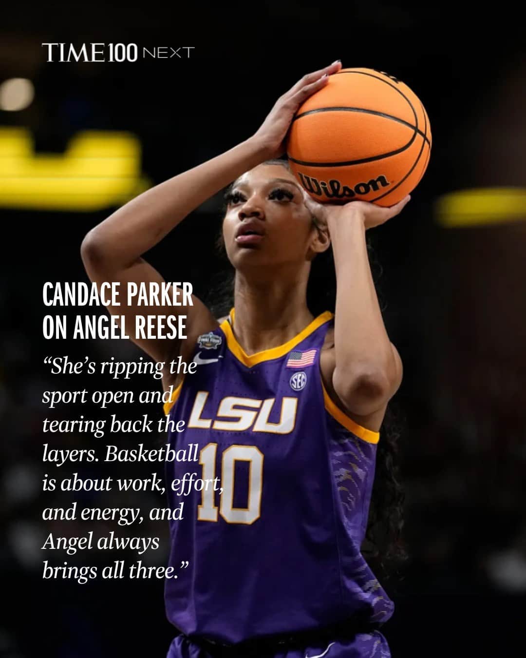 TIME Magazineのインスタグラム：「"Her tenacity and confidence on the court make her such an exciting player to watch—it’s incredible to see her stand in her power and make such a big impact on women’s basketball, especially this early in her career," writes Candace Parker in her TIME100 Next tribute to Angel Reese.  Read in full at the link in bio.  Photograph by Tony Gutierrez—AP」
