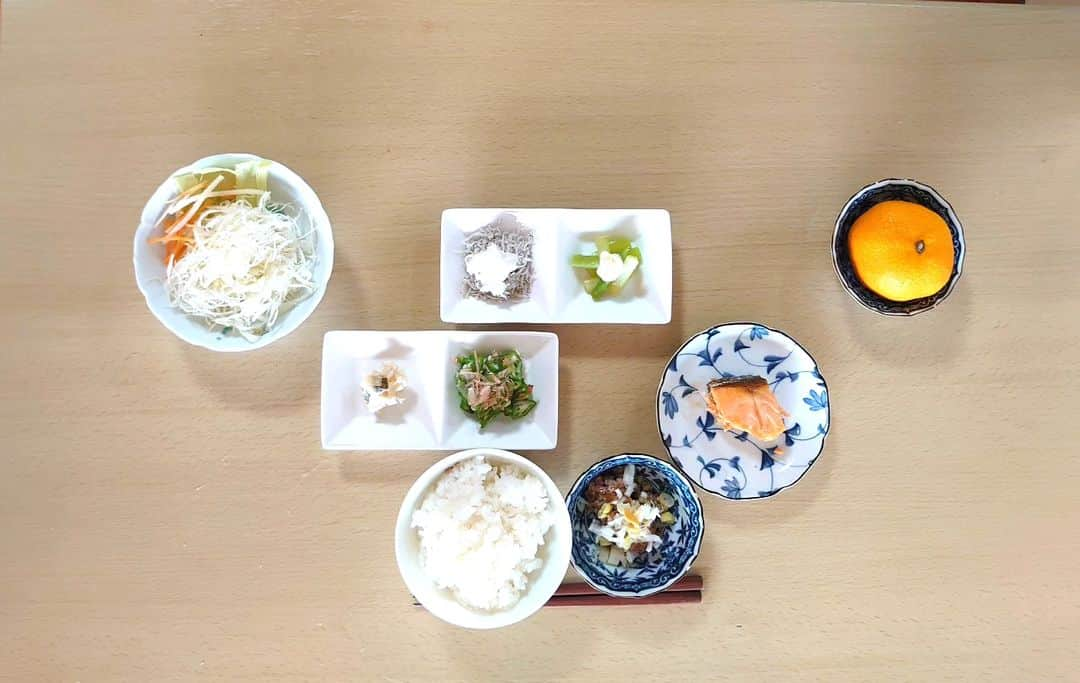 松野行秀のインスタグラム：「【備忘録🖌️〜本日の相方の制限食メニュー🥢〜】  (朝食) ○サラダ ○アスパラガス ○オクラ ○しらすおろし ○山海漬け ○焼き鮭 ○納豆 ○ご飯 ○みかん  たんぱく質16.0g 塩分1.7g カリウム520mg  (昼食) ○トースト ○牛乳  たんぱく質14.5g 塩分1.2g カリウム430mg  (夕食) ○小松菜のお浸し ○キャベツときゅうりのマヨネーズ和え ○もずく酢 ○キムチ ○焼海老 ○ご飯 ○梨 ○萩の月  たんぱく質15.5g 塩分1.5g カリウム530mg  #カロリーSlism https://calorie.slism.jp/  #男の手料理 #典座日記 #腎臓病制限食 #減塩 #低たんぱく #低カリウム #先行的腎移植延期 #保存療法」