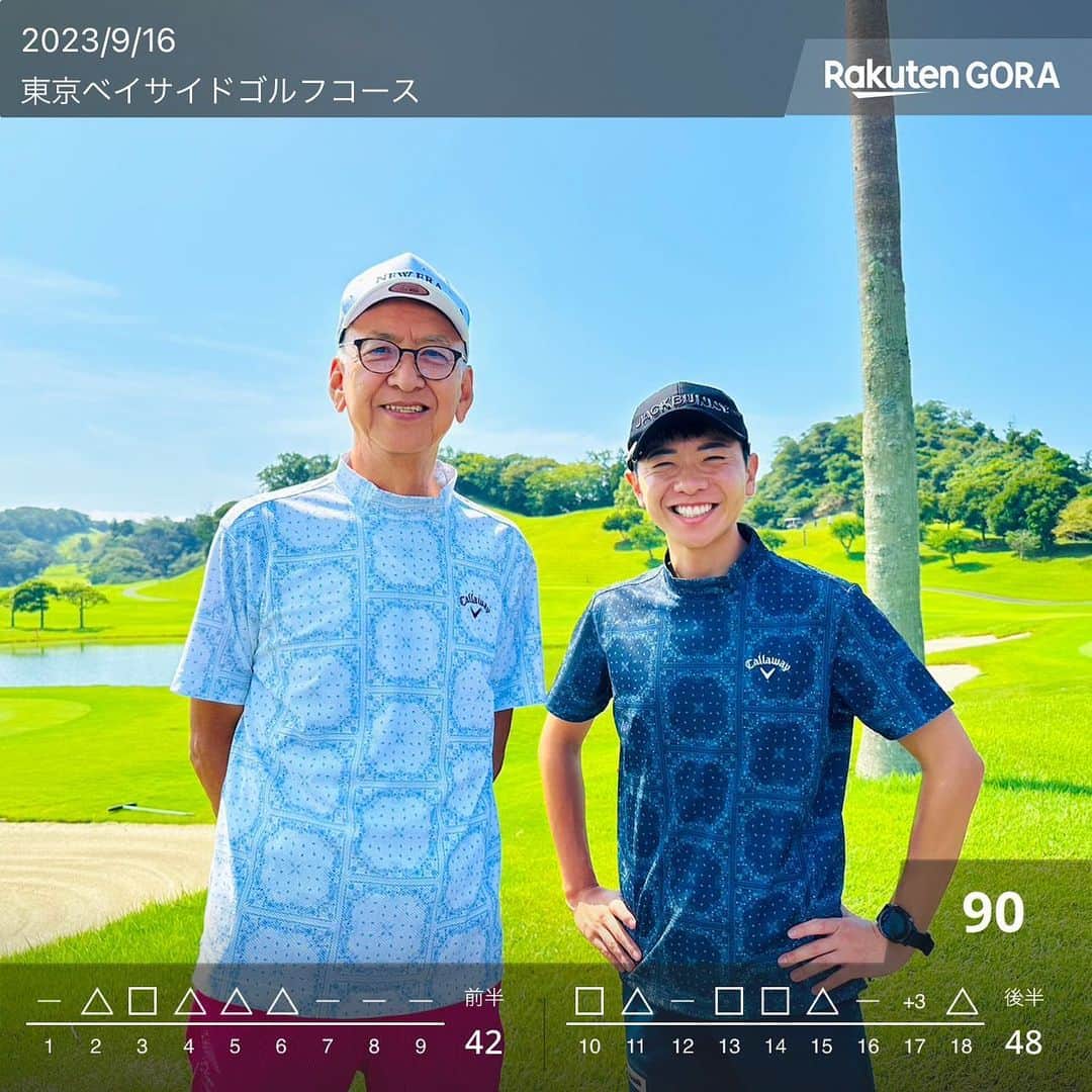 上坂嵩のインスタグラム：「⛳️ . 夏休み帰省で、父とゴルフ⛳️ またベスト更新しました！ . 80台が見えてきました！！ . ちなみに、ウェアは色違いのお揃い😂笑 . . 南国のような千葉のコースも良かったです🏝✨ . . #東京ベイサイドゴルフコース #千葉 #ゴルフ #休日ゴルフ #週末ゴルファー  #愛知ゴルファー #東海ゴルファー  #golf #ゴルフ好きな人と繋がりたい  #ゴルフ好き #ゴルフコーデ #ゴルフ男子 #メーテレ #アップ #アナウンサー #フィールドキャスター #ニュースワード #SDGs #SDGsビジネスマスター #スピーチコンサルタント #スピーチ #トークスキル #上坂嵩」