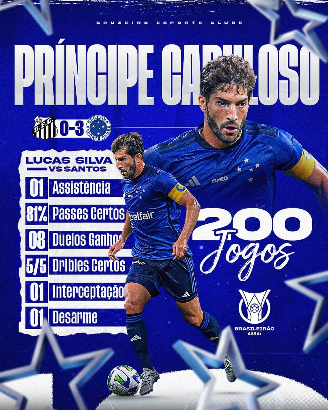 ルーカス・シウヴァ・ボルジェスのインスタグラム：「Mais uma super atuação e, desta vez, em um jogo especial! 200 vezes Lucas Silva pelo Cabuloso! Histórico, craque! ⚽️🦊  🎨 @lucioraeldesign」