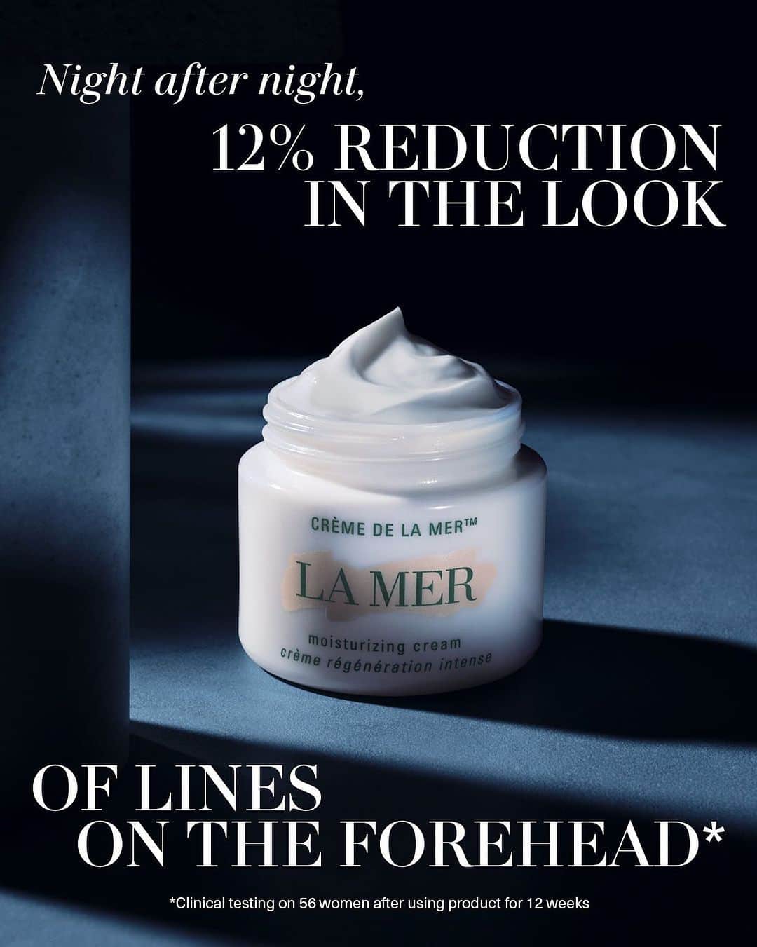 ドゥラメールのインスタグラム：「Reach for something richer at bedtime.   Each application of Crème de la Mer contains millions of Liquid Crystals ready to release the power of visible youth-regenerating Miracle Broth™ while you sleep.   Simply warm between fingertips, pat into face and neck and let the nighttime rejuvenation begin. In 12 weeks, 12% reduction in the look of lines on the forehead.*  #LaMer #LaMerSkincare #CremedelaMer #MiracleBroth *Clinical testing on 56 women after using product for 12 weeks.」