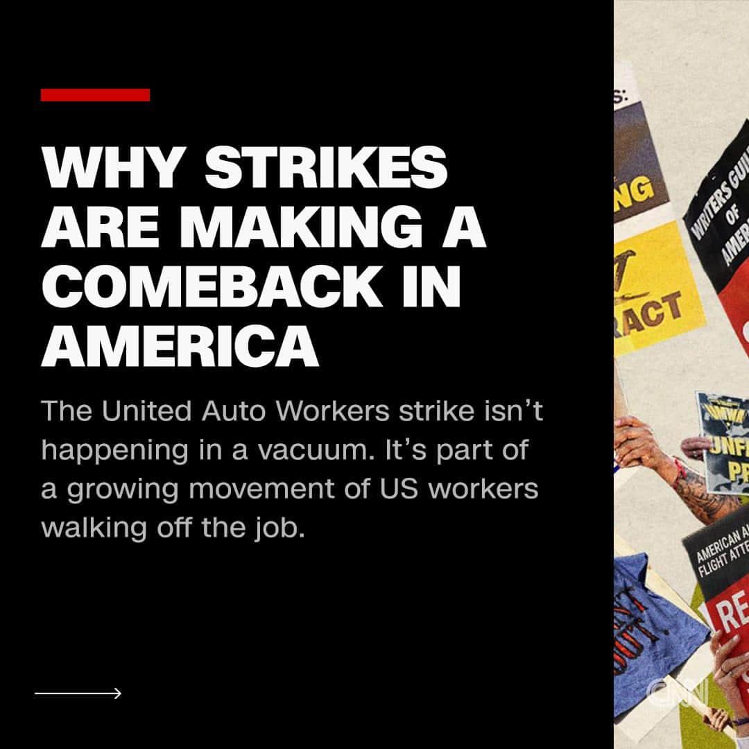 CNNさんのインスタグラム写真 - (CNNInstagram)「Why does it seem like everyone's on strike?   Between 1979 and 2022, the inflation-adjusted annual wages of the top 1% of workers rose by 145%, while the average annual wages of the bottom 90% rose by only 16% — about a tenth as fast, according to the Economic Policy Institute.   Workers gained power during the pandemic as Covid-19 cast a spotlight on essential workers' sacrifices and the vast disparities among America's workforce. Unemployment is at a near-decades low and employers are posting more job openings than there are unemployed job seekers. That gives workers some leverage to demand more of what they want – and polling shows approval of labor unions is at its highest point in decades.  But even while it seems lots of workers are picketing, strikes are still below historical levels in America. Read more at the link in our bio.  📸: Photo Illustration by Leah Abucayan/CNN/Getty images | Paul Frangipane/Bloomberg/Getty Images | Mario Tama/Getty Images」9月17日 2時59分 - cnn
