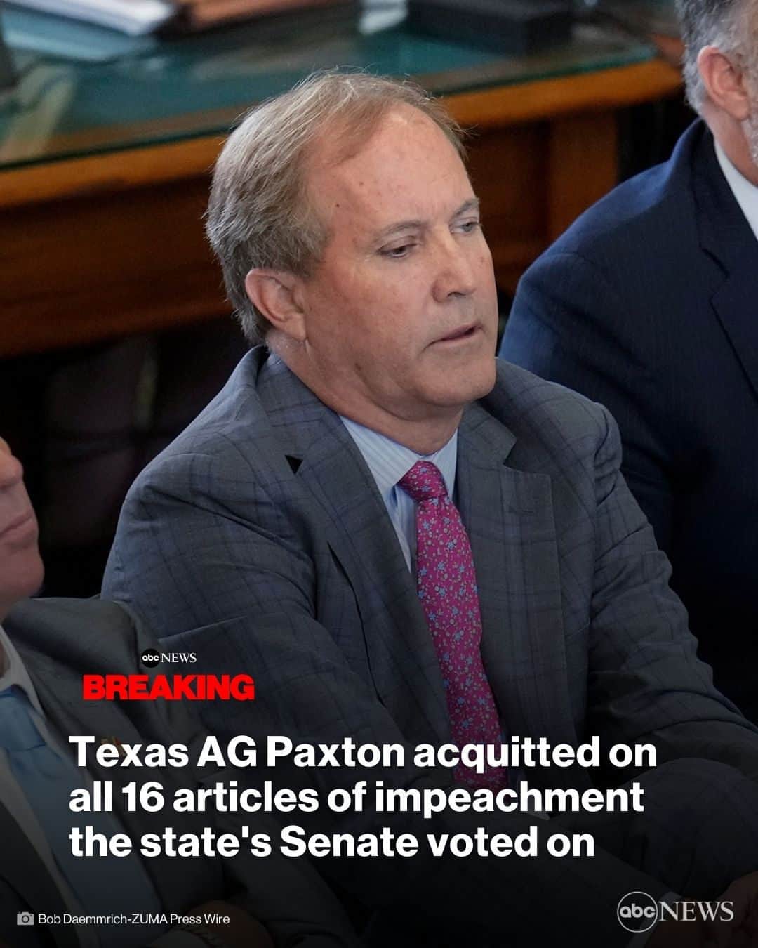 ABC Newsのインスタグラム：「BREAKING: The jury, consisting of Texas state senators, has acquitted Texas Attorney General Ken Paxton on 16 articles of impeachment he faced in a rare Texas Senate impeachment trial after Paxton was suspended by the state's House in May. MORE AT LINK IN BIO.」