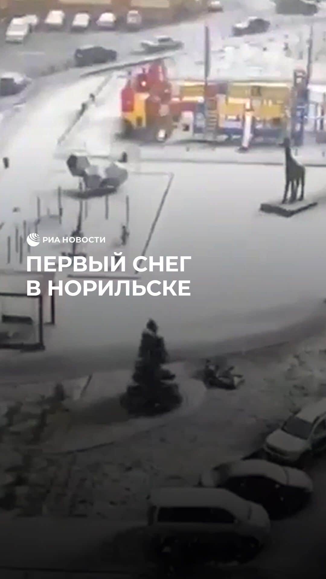 RIAノーボスチのインスタグラム：「В Норильске сегодня выпал первый снег. Кадрами поделились жители города в соцсетях. Кажется, они совсем не удивлены такой погоде.  А вы скучаете по заснеженным улицам? Или все еще грустите из-за того, что закончилось лето?」