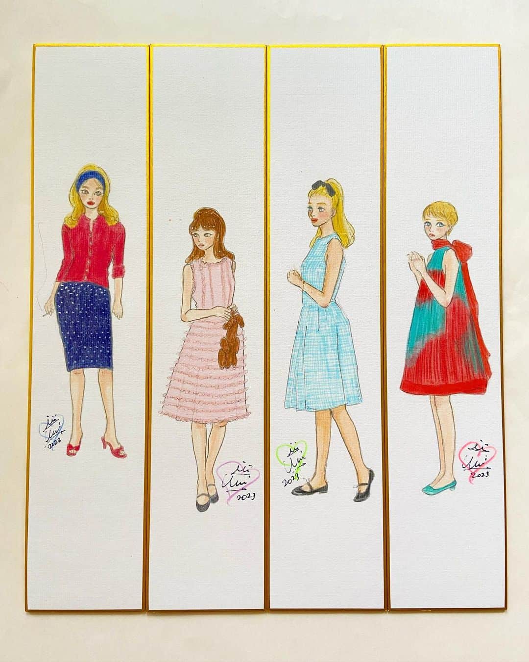 おおたうにのインスタグラム：「🎋ファッション短冊画 9〜12🎋  目について、この子描きたい！と思った女の子たちを描いたので、大きさなどまちまち。 次大きめ短冊を手にする機会があったら、揃えて描こうかな。  ✨ーーーーーーー 「おおたうに　girl! girl! girl! 展」  2023年10月2日（月）〜8日（日）まで @galleryledeco   全部新作❣️描き下ろしだらけ❣️ 短冊画、水彩画、アクリル画などなど展示予定です。 友人たちとの私物フリマもあるよ！ ハイブランドの靴など出るかも👠  ＆基本全日程終日在廊予定。 みんな会いに来てね😉  ✨ーーーーーーーーーーーー  #おおたうに展2023 #girlgirlgirl #fashionillustration #女優 #60sfashion #70sfashion #短冊画 #outauni #おおたうに」
