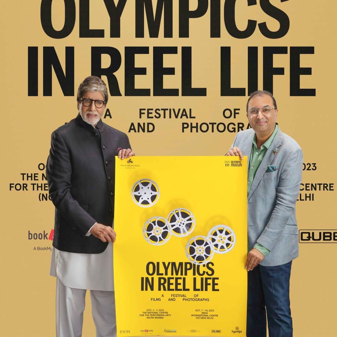 アミターブ・バッチャンさんのインスタグラム写真 - (アミターブ・バッチャンInstagram)「So pleased to unveil the poster of “Olympics in Reel Life-A Festival of Films and Photographs”-presented by Film Heritage Foundation in partnership with the Olympic Museum with Abhinav Bindra - Olympic gold medalist, Aparna Popat - two-time Olympian and badminton champion, M.M. Somaya - three-time Olympian and member of the hockey team that won the gold at the 1980 Moscow Olympics and Shivendra Singh Dungarpur, Director of Film Heritage Foundation.  Olympics in Reel Life - A Festival of Films and Photographs is a first-of-its-kind festival that will take place in Mumbai from October 1 - 7, 2023 and in Delhi from October 7 - 14, 2023 in collaboration with BookASmile - the charity initiative of BookMyShow, BMC, UNESCO Creative Cities Network, Qube Cinema Technologies, and Abhinav Bindra Foundation, partnered by the National Centre for the Performing Arts (NCPA) in Mumbai and India International Centre (IIC) in Delhi and produced by Hyperlink Brand Solutions.  The unique festival will have 3 strands which will include: a festival of 33 Olympic films by renowned filmmakers including Kon Ichikawa, Milos Forman, Leni Riefenstahl and Carlos Saura and 10 series from the Olympic Channel; Olympism Made Visible – selected works from an Olympic Museum international photography project to explore the role of sport in society and as a catalyst for social development and peace by renowned photographers Poulomi Basu, Dana Lixenberg, Lorenzo Vitturi; and India’s journey at the Olympics showcased through iconic photographs that will shine a spotlight on Indian sportspersons at the Olympic Games over decades that will be displayed at prime locations across Mumbai in a tie-up with the BMC.  Highlights of the festival include the unveiling of Poulomi Basu’s stunning photographs recently shot in Odisha being displayed to the public for the first time and workshops to be conducted by celebrated photographers Dana Lixenberg and Lorenzo Vitturi who will be travelling to Mumbai for the event. Dana Lixenberg and Lorenzo Vitturi will also participate in a conversation with acclaimed Indian photographers Sooni Taraporevala and Sunhil Sippy at a special event.」9月17日 13時32分 - amitabhbachchan