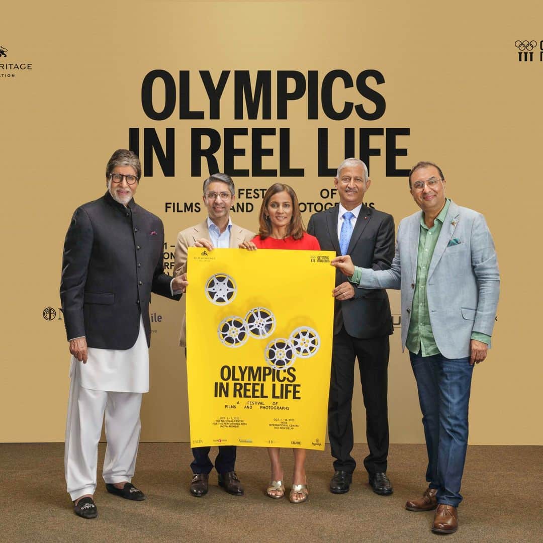 アミターブ・バッチャンのインスタグラム：「So pleased to unveil the poster of “Olympics in Reel Life-A Festival of Films and Photographs”-presented by Film Heritage Foundation in partnership with the Olympic Museum with Abhinav Bindra - Olympic gold medalist, Aparna Popat - two-time Olympian and badminton champion, M.M. Somaya - three-time Olympian and member of the hockey team that won the gold at the 1980 Moscow Olympics and Shivendra Singh Dungarpur, Director of Film Heritage Foundation.  Olympics in Reel Life - A Festival of Films and Photographs is a first-of-its-kind festival that will take place in Mumbai from October 1 - 7, 2023 and in Delhi from October 7 - 14, 2023 in collaboration with BookASmile - the charity initiative of BookMyShow, BMC, UNESCO Creative Cities Network, Qube Cinema Technologies, and Abhinav Bindra Foundation, partnered by the National Centre for the Performing Arts (NCPA) in Mumbai and India International Centre (IIC) in Delhi and produced by Hyperlink Brand Solutions.  The unique festival will have 3 strands which will include: a festival of 33 Olympic films by renowned filmmakers including Kon Ichikawa, Milos Forman, Leni Riefenstahl and Carlos Saura and 10 series from the Olympic Channel; Olympism Made Visible – selected works from an Olympic Museum international photography project to explore the role of sport in society and as a catalyst for social development and peace by renowned photographers Poulomi Basu, Dana Lixenberg, Lorenzo Vitturi; and India’s journey at the Olympics showcased through iconic photographs that will shine a spotlight on Indian sportspersons at the Olympic Games over decades that will be displayed at prime locations across Mumbai in a tie-up with the BMC.  Highlights of the festival include the unveiling of Poulomi Basu’s stunning photographs recently shot in Odisha being displayed to the public for the first time and workshops to be conducted by celebrated photographers Dana Lixenberg and Lorenzo Vitturi who will be travelling to Mumbai for the event. Dana Lixenberg and Lorenzo Vitturi will also participate in a conversation with acclaimed Indian photographers Sooni Taraporevala and Sunhil Sippy at a special event.」