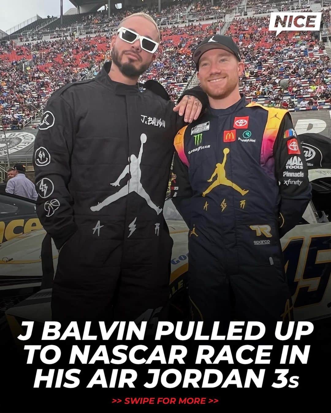 Nice Kicksのインスタグラム：「From Colombia to Bristol, Tennessee 🇨🇴 @jbalvin pulled up to @itsbristolbaby to see his Air Jordan 3-inspired @23xiracing racecar in the @nascar Cup Series 🌅🔥🏁」