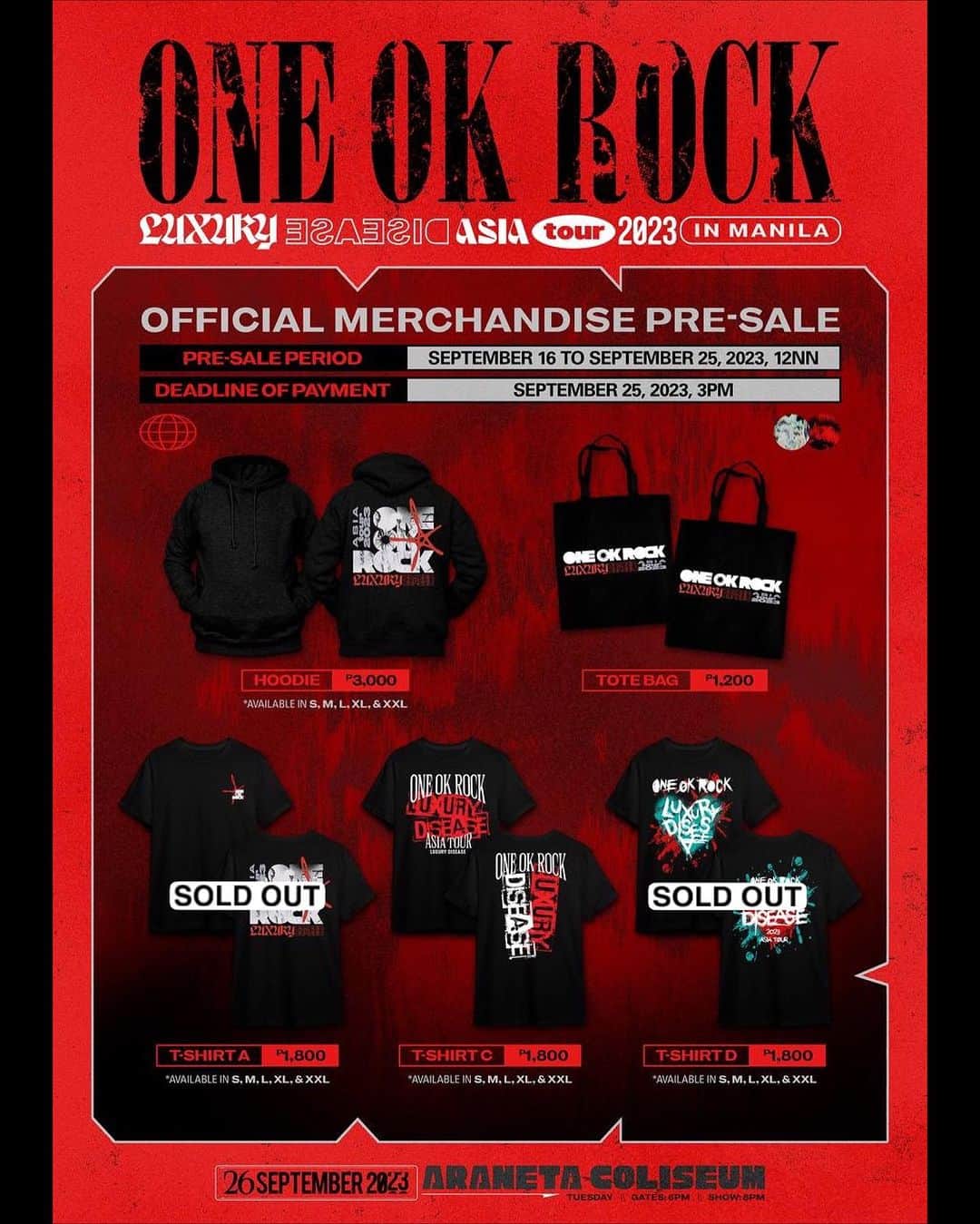 ONE OK ROCK WORLDのインスタグラム：「We found a better life with @oneokrockofficial 🤘 The moment you've all been waiting for is here.   #ONEOKROCKinMNL2023 official merch is now available for pre-sale! Hurry and grab yours before they're gone. 🔥    Pre-order link:  https://docs.google.com/forms/d/e/1FAIpQLScl57z9vlVAsA0IfcB7Lhjr3Do16JjcgXVK3eyt912sA6xPUA/viewform  Pre-Sale Period: September 16 to September 25,2023, 12NN Deadline of Payment: September 25, 2023, 3PM  ※Some items are already sold out※ - 9/26 に行われるフィリピンのマニラ公演でのオフィシャルグッズのプレセールが受付中です！ （※既に売り切れのアイテム有り）  詳しくは→ https://docs.google.com/forms/d/e/1FAIpQLScl57z9vlVAsA0IfcB7Lhjr3Do16JjcgXVK3eyt912sA6xPUA/viewform - #oneokrockofficial #10969taka #toru_10969 #tomo_10969 #ryota_0809 #luxurydisease#luxurydiseaseasiatour2023#manila」