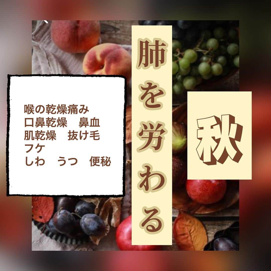 y1735kのインスタグラム：「【秋は肺を大事にしよう】 ・ まだまだ暑いですが秋は冬を越すための準備時期⛄️  残暑から早秋に向けての生活や気持ちのポイント作ってみました🍂 ・ 秋って過ごしやすい季節でもあるけど しんみり物悲しい、淋しさも感じやすい。 ・ 秋の養生　大事にしよう🍁 この時期　トマトと卵のお粥、温麺とかいいかも。 ・ 夏のビールも好きだけど 乾燥してくる時期のビールもまた 美味しい。ついつい飲み過ぎる。 そんな時は『柿』 柿は熱をとり潤い作用があって⭕️ 特に熟れた柿はアルコールを分解する酵素を含むので二日酔いに良きです🍺🌀  #ヨガのある暮らし #中医薬膳 #秋の過ごし方 #肺 #ヨガと日常 #食事 #食事サポート」