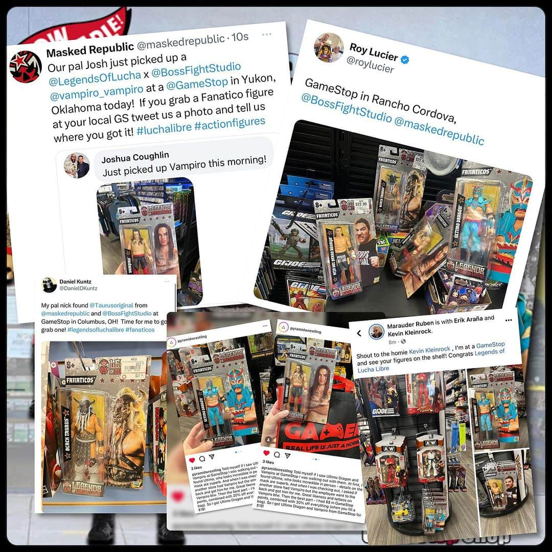 ウルティモ・ドラゴンのインスタグラム：「We love seeing all of the posts from people finding our @legendsofluchalibre x @bossfightstudio Fanaticos Wave 2 figures at their local @gamestop stores!  We’ve seen posts from coast-to-coast including California, Oklahoma, Indiana, Georgia and Ohio.  Find @vampirovudu @ultimodragon_oficial @realblacktaurus and Hijo del Perro Aguayo figures in stores now.  LuchaLibre #FanaticosLuchaLibre #MaskedRepublic #ActionFigureCollectors #WrestlingLegends #hijodelperroaguayo #perrito #perrosdelmal #vampiro #ultimodragon #blacktaurus #taurus prowrestling #cmll #arenamexico #luchalibreaaa #actionfigures #collectibles #wwe #wwf #wcw #ecw #dragongate #njpw #wrestlingfigures #westlingfigs #legendsofluchalibe #maskedrepublic  #bossfightstudio #gamestop #mk1」