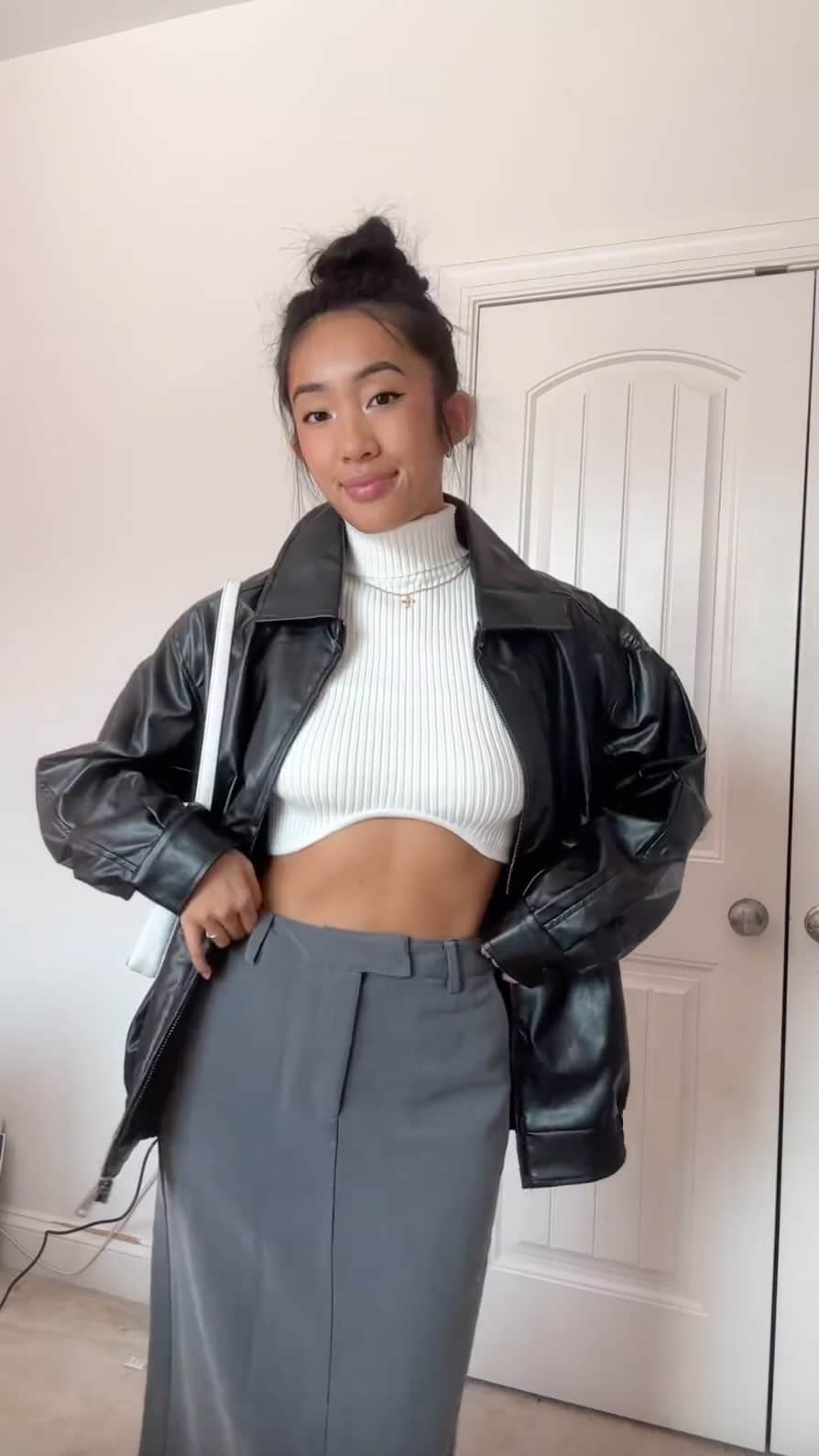 Beginning Boutiqueのインスタグラム：「Elevated Fall fashion by angel @brooketang 🤍 Add the Yvette White Knit Crop Top, Banksi Grey Maxi Skirt and Abbi PU Black Bomber to your capsule Fall wardrobe now 🍂」
