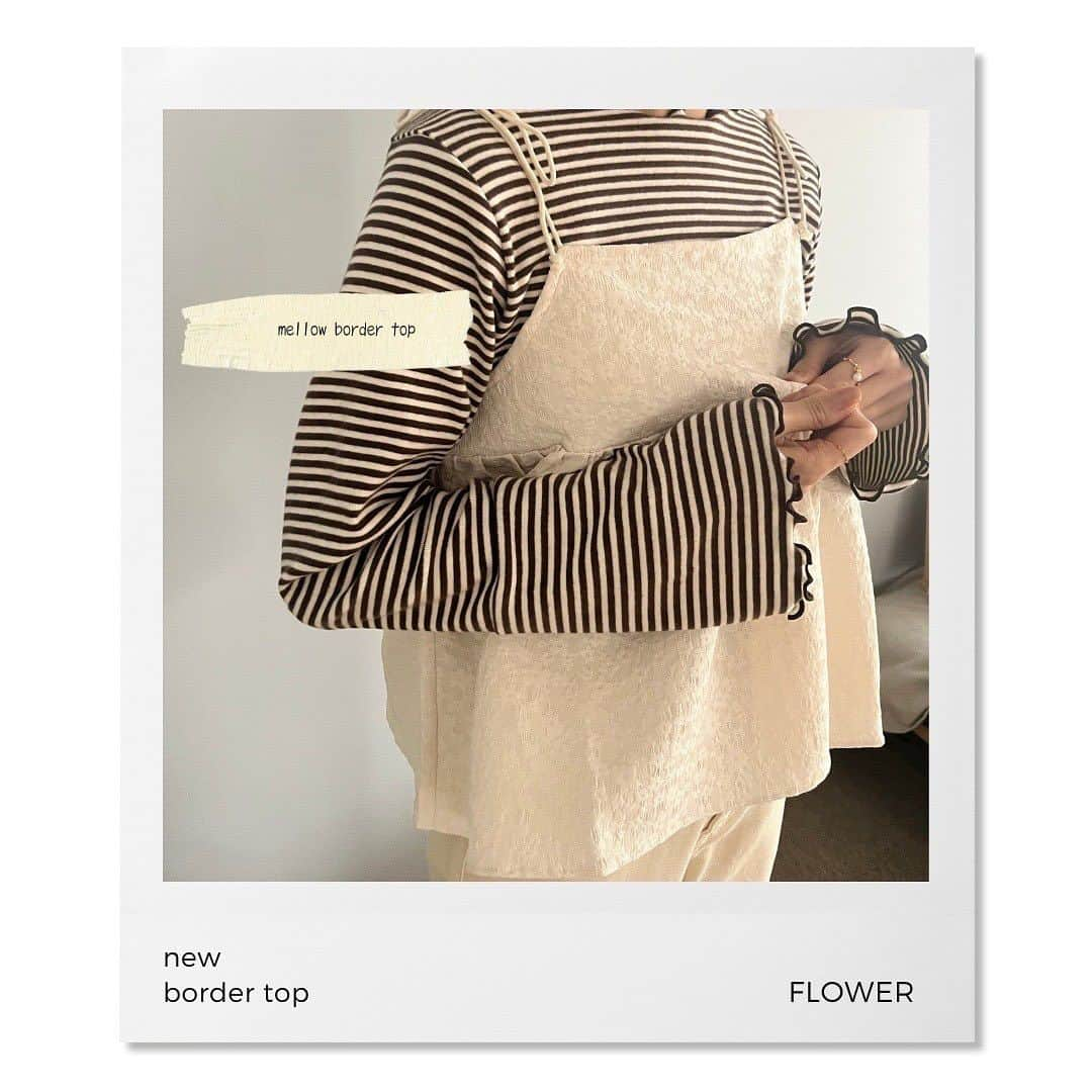 flower OFFICIAL WEB STOREのインスタグラム：「秋カラーのボーダーtops🐻🍨🤎  カットソー素材でデイリーに使いやすい素材感💭 細かいディティールでトレンド感を取り入れられて さらっと抜け感も出やすい🫶 1枚ではもちろんいろんなレイヤードスタイルにも使えます🤭❤︎」