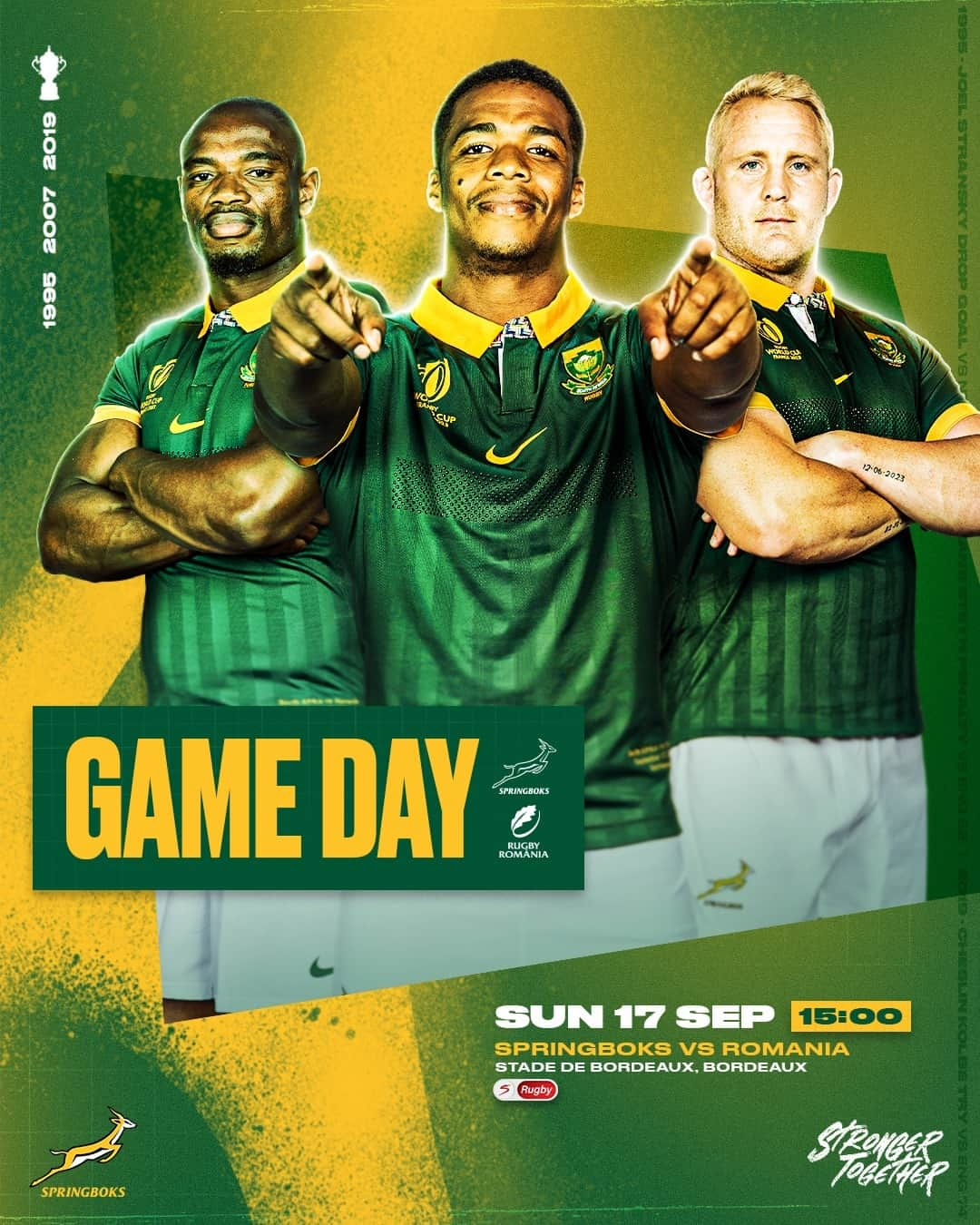 ラグビー南アフリカ代表さんのインスタグラム写真 - (ラグビー南アフリカ代表Instagram)「Game Day in Bordeaux 🏉  The #Springboks face #Romania for only the second time ever.   Catch the action live on SuperSport 📺  #StrongerTogether #RWC2023」9月17日 16時00分 - bokrugby