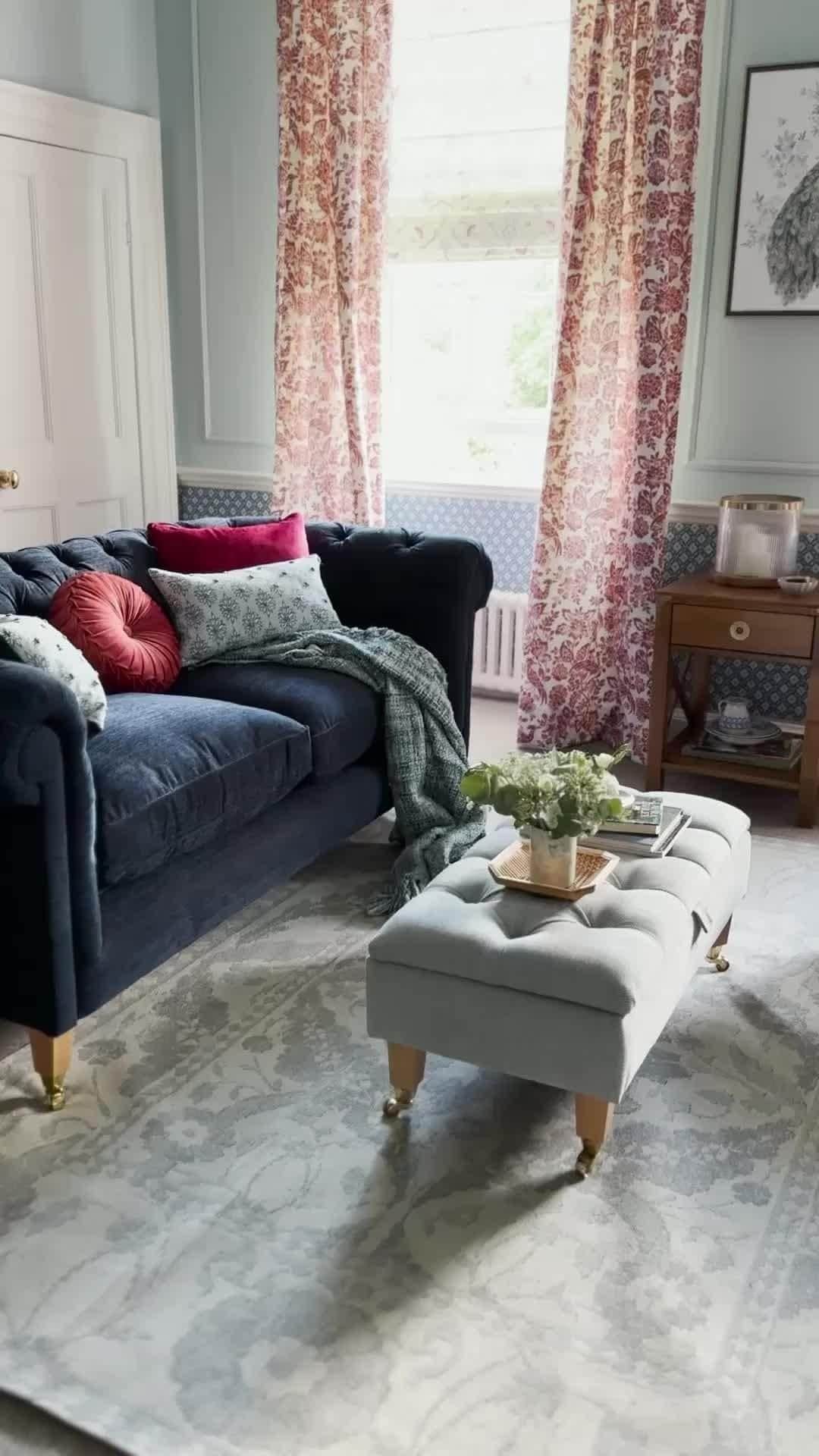 ローラアシュレイのインスタグラム：「Introducing the Midnight Palace Collection. ✨ A classically timeless story with a rich colour palette of Laura Ashley’s signature seaspray blues. Featuring traditional block prints reminiscent of the start of the Laura Ashley brand, this colourful story creates a welcoming and fresh atmosphere that effortlessly integrates into everyday living.」