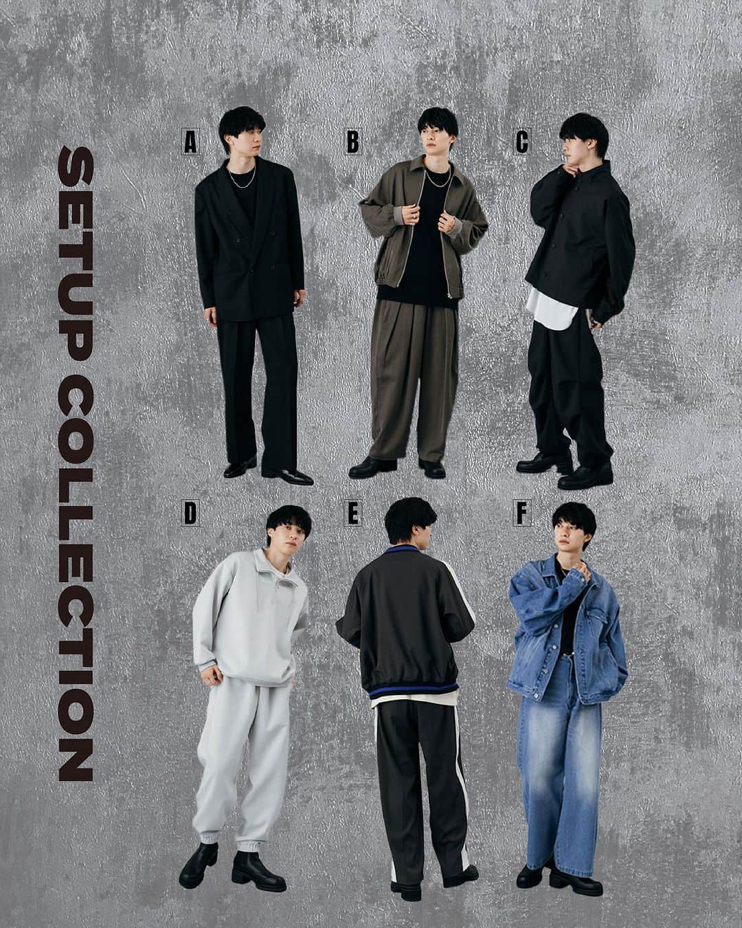 のインスタグラム：「SET UP COLLECTION  STYLING 1 ・2×2 ベネシャンダブルジャケット ・2×2 ベネシャンストレートパンツ  STYLING 2 ・シャンブレーサテンブルゾン ・シャンブレーサテンルーズフィットイージーパンツ  STYLING 3 ・スタンドショートブルゾン ・スーパーパラシュートパンツ  STYLING 4 ・リラックスライトウェイトハーフZIPプルオーバー ・リラックスライトウェイトイージーパンツ  STYLING 5 ・刺繍スカジャン ・サイドラインスラックス  STYLING 6 ・エレファント BIG Gジャン ・エレファントジーンズ  #セットアップコーデ #メンズコーデ #メンズファッションコーデ #秋コーデ #デート服 #デニムジャケット #スウェットコーデ #ブルゾンコーデ #アウターコーデ #アウター」