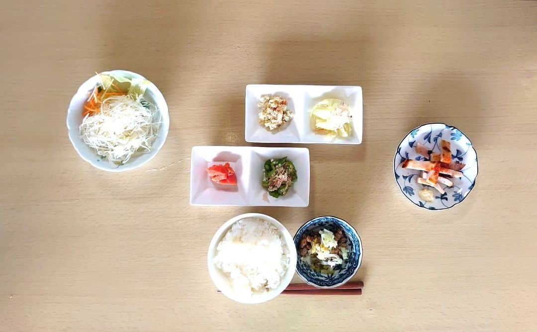 松野行秀のインスタグラム：「【備忘録🖌️〜本日の相方の制限食メニュー🥢〜】  (朝食) ○サラダ ○キャベツのお浸し ○オクラ ○卯の花 ○辛子明太子 ○焼きいか ○納豆 ○ご飯  たんぱく質16.5g 塩分1.8g カリウム480mg  (昼食) ○ざるうどん  たんぱく質7.5g 塩分1.5g カリウム130mg  (夕食) ○キャベツときゅうりのマヨネーズ和え ○なすとピーマンの味噌炒め ○皿うどん ○小ライス ○桃 ○ひとくち饅頭  たんぱく質16.5g 塩分1.5g カリウム500mg  #カロリーSlism https://calorie.slism.jp/  #男の手料理 #典座日記 #腎臓病制限食 #減塩 #低たんぱく #低カリウム #先行的腎移植延期 #保存療法」