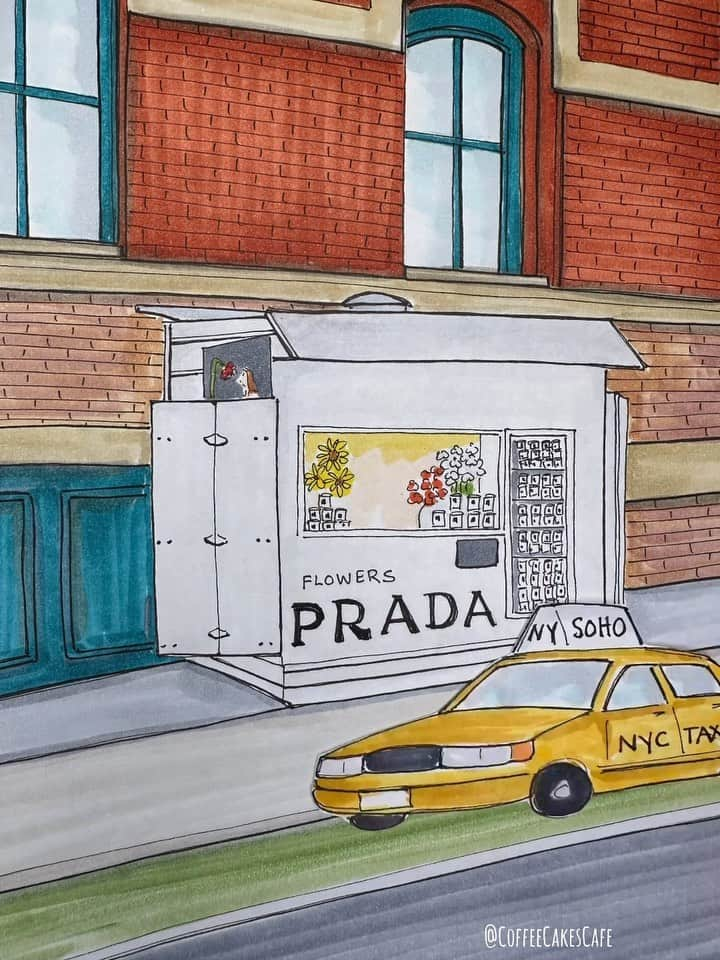 RIASIMのインスタグラム：「Weekends in SoHo are typically busy…always! But yesterday was packed!! The line for this @prada flower shop pop went on and on….don’t know how many blocks! I didn’t get in line, but I did illustrate it for you to see and to imagine you were there!😃 . Have a wonderful Sunday everyone!🧡🤍💛🖤 . . . . . #soho #sohonyc #sohonewyork #prada #made_in_ny #stopmotion #prettycitynewyork #coffeecakescafe #westvillagelife #westvillage #newyorkfeature #westvillagenyc #westvillagenewyork #streetsofnewyork #facadelovers」