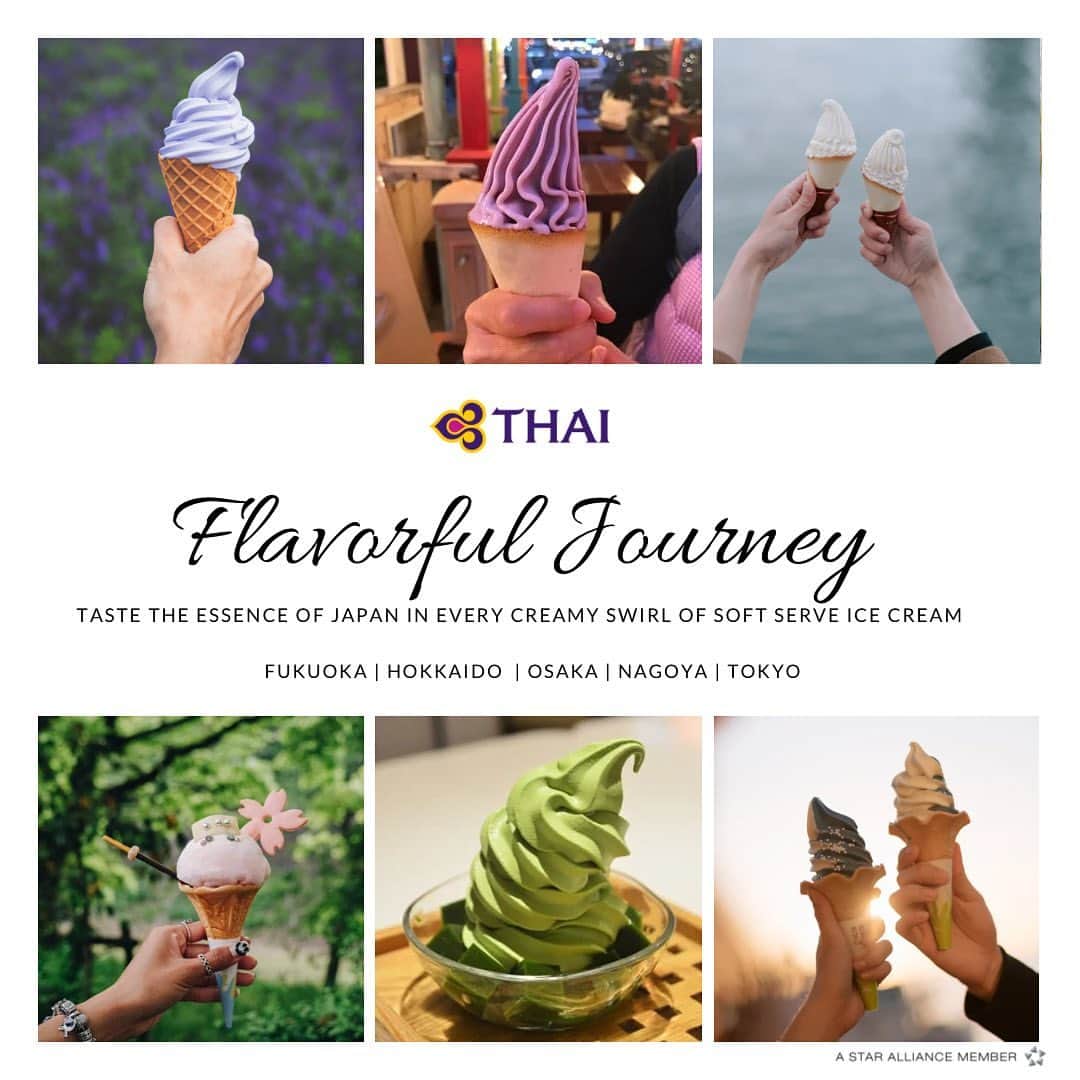 タイ航空のインスタグラム：「Let's embark on a Flavorful Journey together! 🌸🍨 Immerse yourself in the tastes of Tokyo, Nagoya, Fukuoka, Hokkaido, and Osaka with creamy soft serve. Tag a friend you'd love to share this imaginary experience with! 🙌 Dreaming of Japan with Thai Airways. Click link our Bio or book now at thaiairways.com  #thairways #smoothassilk #flyTHAItoJapan #softserve #japan #tokyo #osaka #nagoya #fukuoka #hokkaido #TravelDreams #japaneseculinaryadventure」