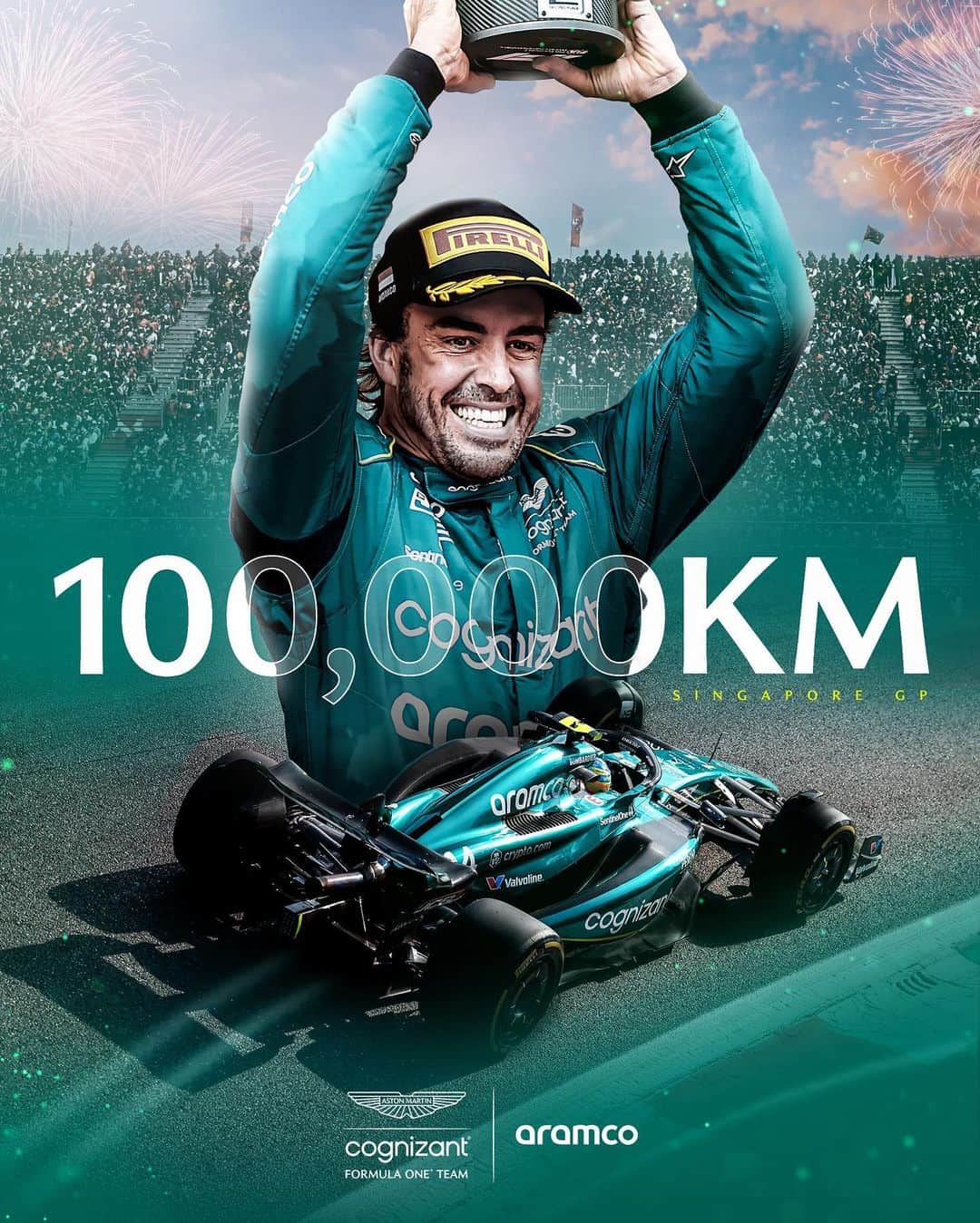 のインスタグラム：「Fernando has just become the first driver in F1 history to complete 100,000 km under race conditions.  A legend of our sport. #SingaporeGP」