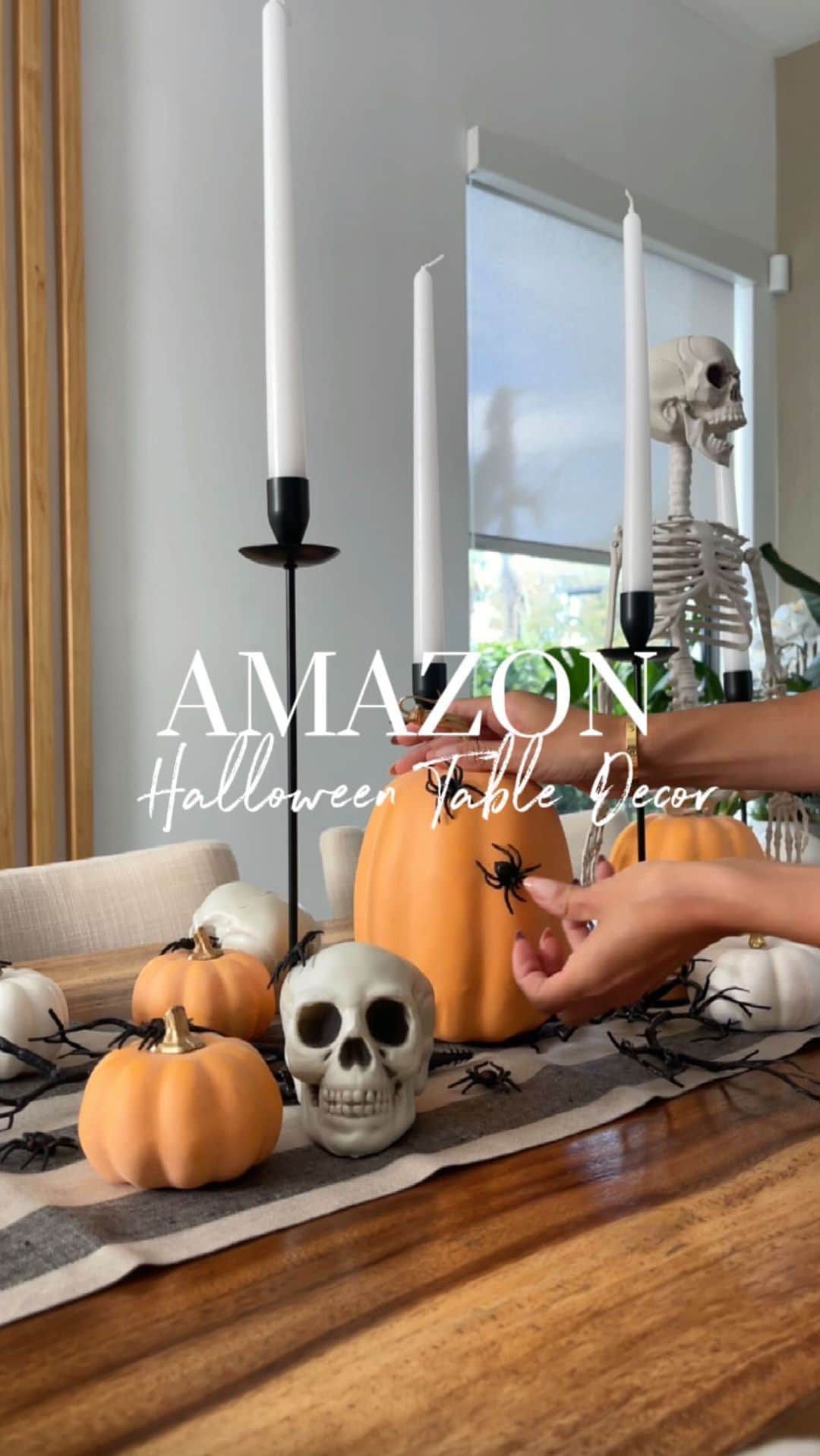 Ainsley Rodriguezのインスタグラム：「Sundays are for the Home (& football) ! 🏡 . Affordable Amazon Halloween Dinning Table for a Neutral home vibe! 🕷️💀 Saw this idea and had to recreate! This was so easy to do and I think it came out super cute! . #halloweendecor #tabledecor #falldecor」