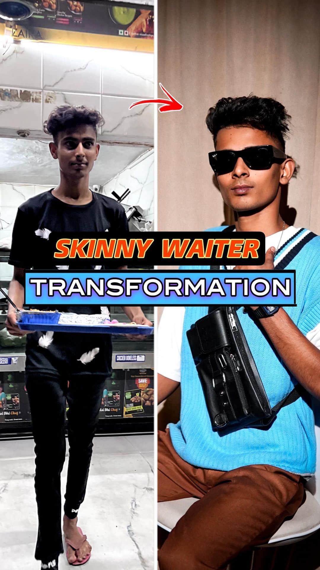 Karron S Dhinggraのインスタグラム：「Skinny Waiter *Transformation*  Want to be a part of next transformation? Follow👇🏻 - Save & Share this Reel on Your Story - Comment: Age, Height & City (We are going outside Delhi too)  - We will be picking 10 people from comments.  . . . #TheFormalEdit」