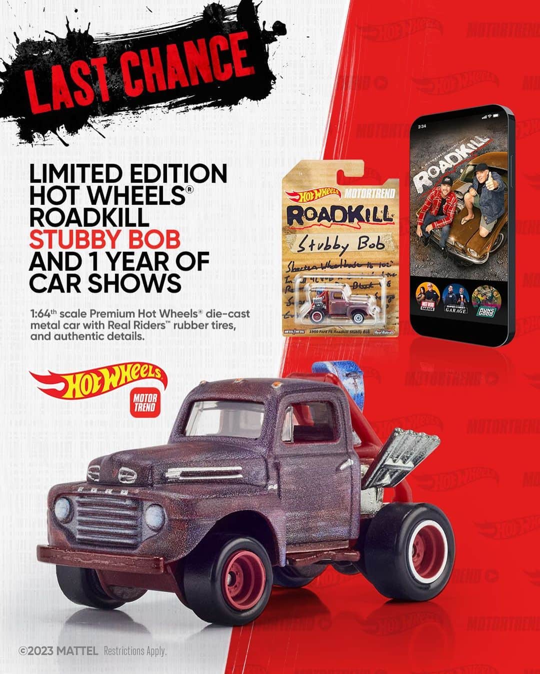 のインスタグラム：「LAST CHANCE!  Get your hands on this limited edition Roadkill Stubby Bob in 1:64 scale brought to you by @motortrend and @roadkillshow   For more information, visit: motortrend.com/plus/hotwheels」