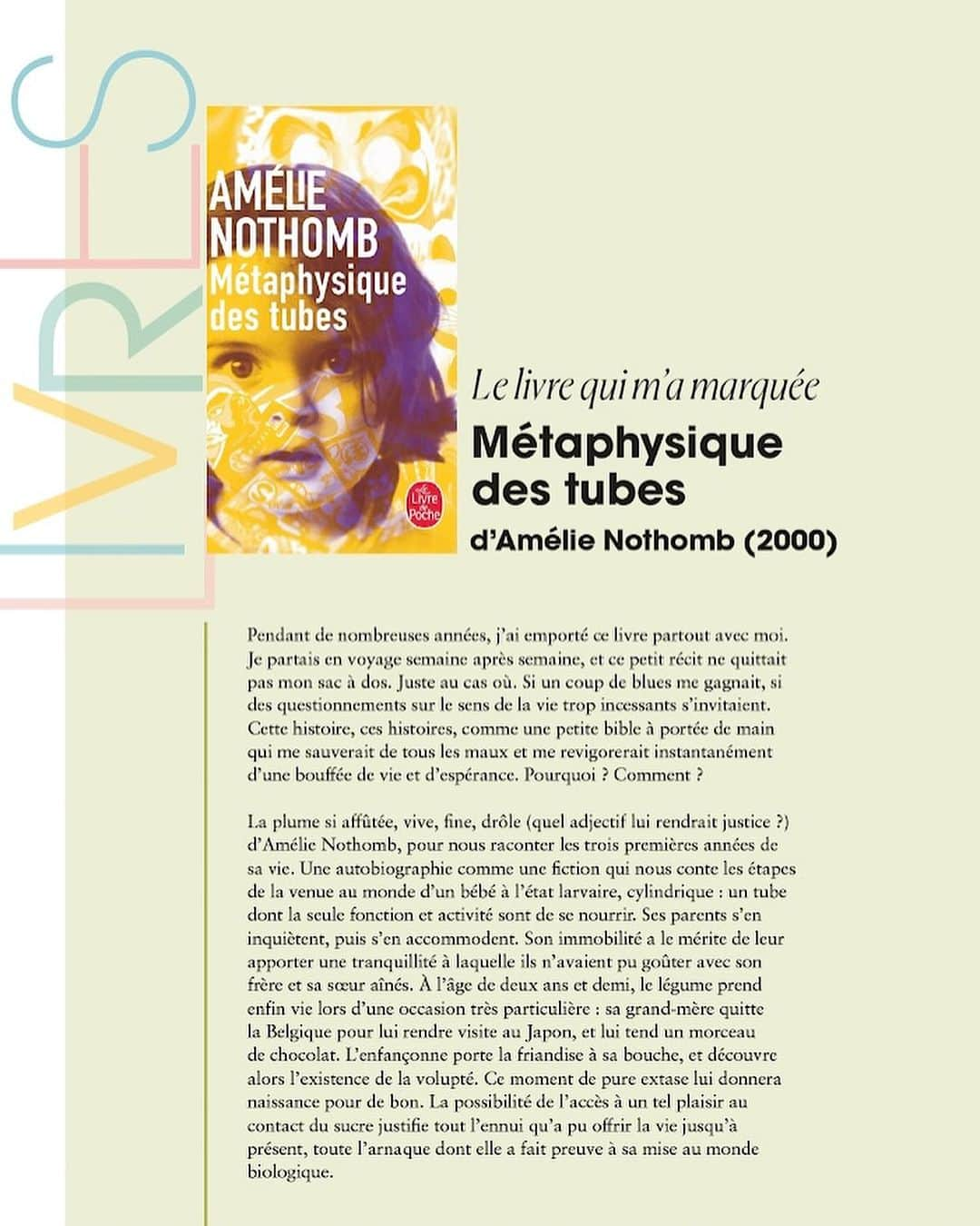 アリゼ・リムのインスタグラム：「Métaphysique des tubes 🌈   Écrire une chronique sur mon livre préféré pour le nouveau numéro du magazine Chemins = 🤩🥲」