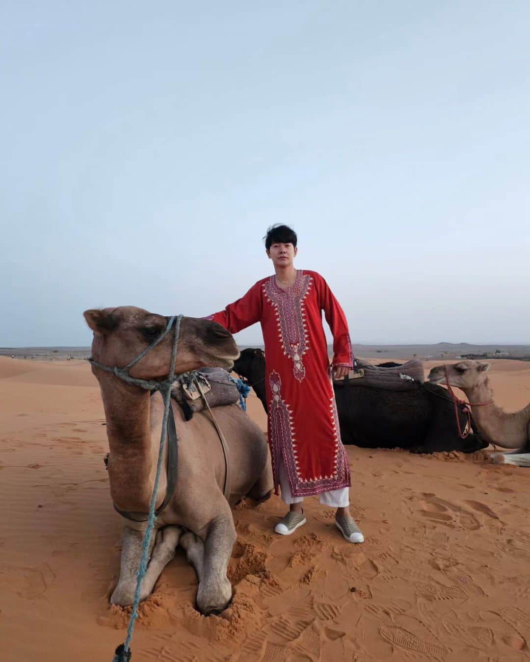 アイス・サランユーさんのインスタグラム写真 - (アイス・サランユーInstagram)「Morning Vibes 🌞 At Sahara Desert ,Morocco🐪 พี่อูฐ🐪ตัวที่ขี่ เดินไปขรี่แตกไป ฉี่รั่วไปตลอดทาง เราบอก Lpcal guide ว่าเปลี่ยนตัวไหม เรากลัวเขารับน้ำหนักเราไม่ไหว ไกด์บอก อูฐ🐪เขาแข็งแรงมาก 100 โล ก็ไหว เขากินเยอะ ขรี้แตกเป็นปกติ !เอาก็เอาหว่ะ! 😅ขอโทษนะพี่อูฐ🐪  #sahara #saharadesert  #morocco #icesarunyu  #icesarunyuinmorocco #icesarunyuaroundtheworld」9月18日 17時24分 - icesarunyu