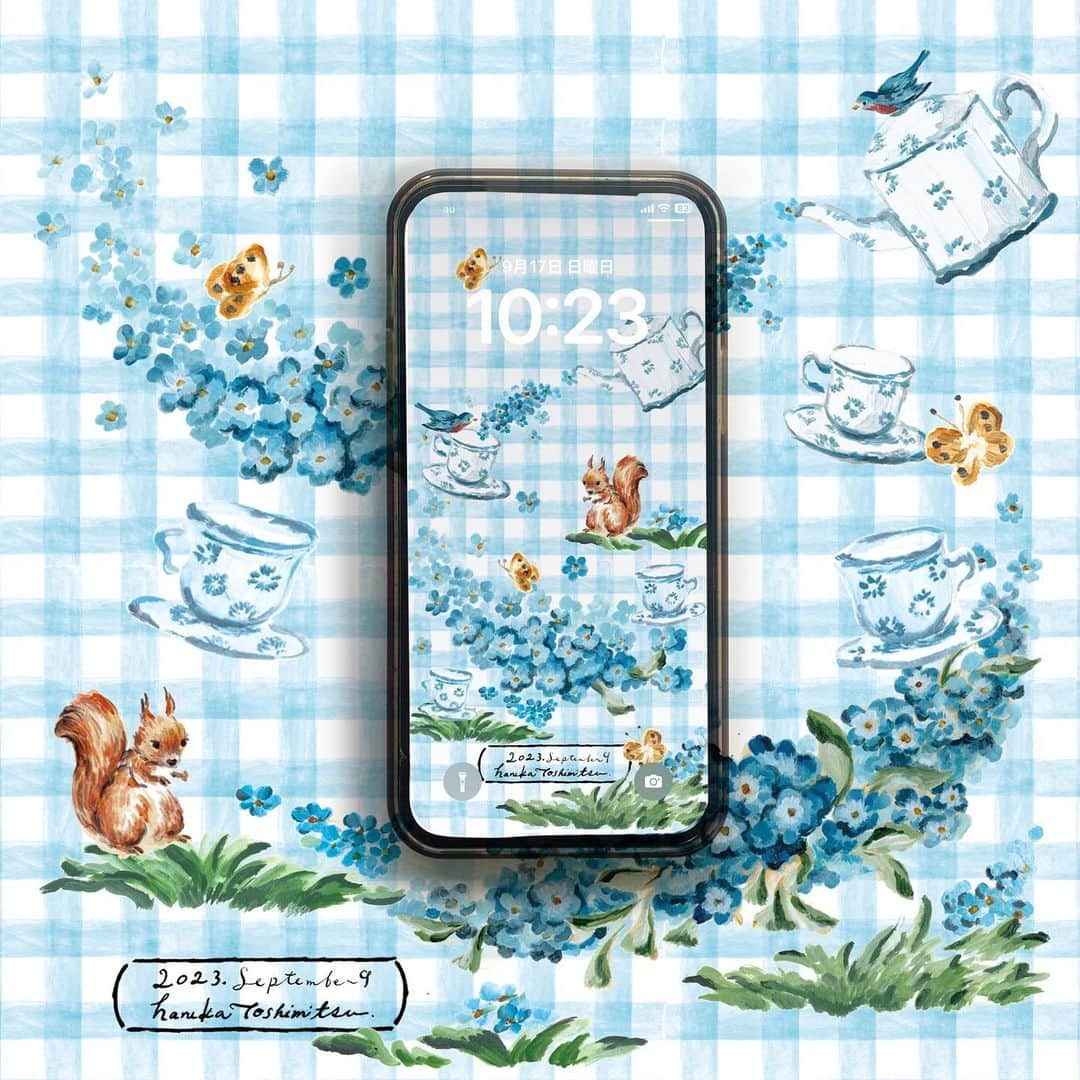 利光春華のインスタグラム：「<持ち歩ける絵> Portable art  今週はお花のティータイム😊🐿️🌼🫖☀️  #持ち歩ける絵 #イラストレーション #待ち受け画面にどうぞ  #illustration #artwork #art #watercolor #利光春華」