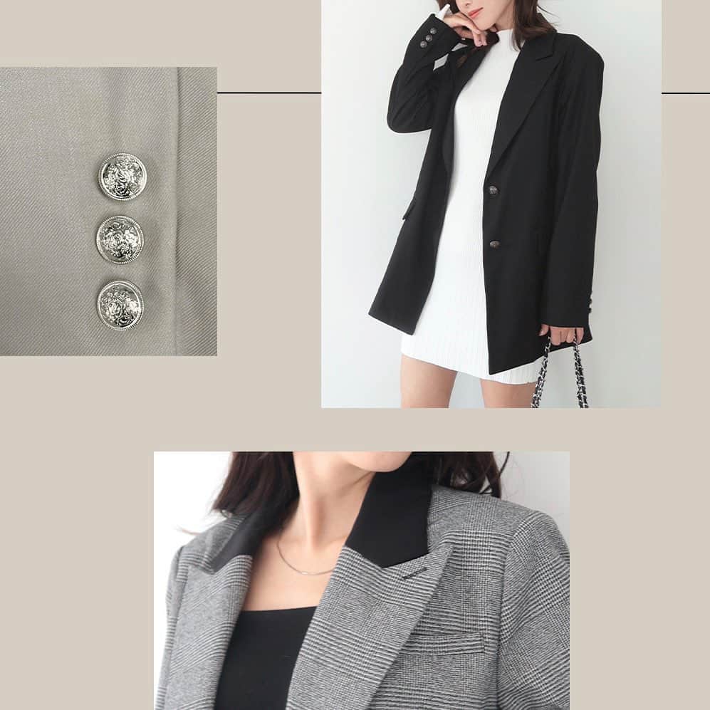 デュラスアンビエントのインスタグラム：「#シングルテーラードジャケット <Greige, Black, Check> 【9/20(WED)20:00-】  肩先にパッドを施し、シャープな印象のピークドラペル仕様で、秋らしいクラシカルな雰囲気を醸し出す一枚。  メンズライクになりすぎないボックスシルエットで、オーバーに着るのが洒落見えのコツ。  ＿＿＿＿＿＿＿＿＿＿＿ ✔︎ @ambient_styling #AMBIENT #ambient_official #ambientstyle #アンビエント #23aw #ジャケット #テーラードジャケット」