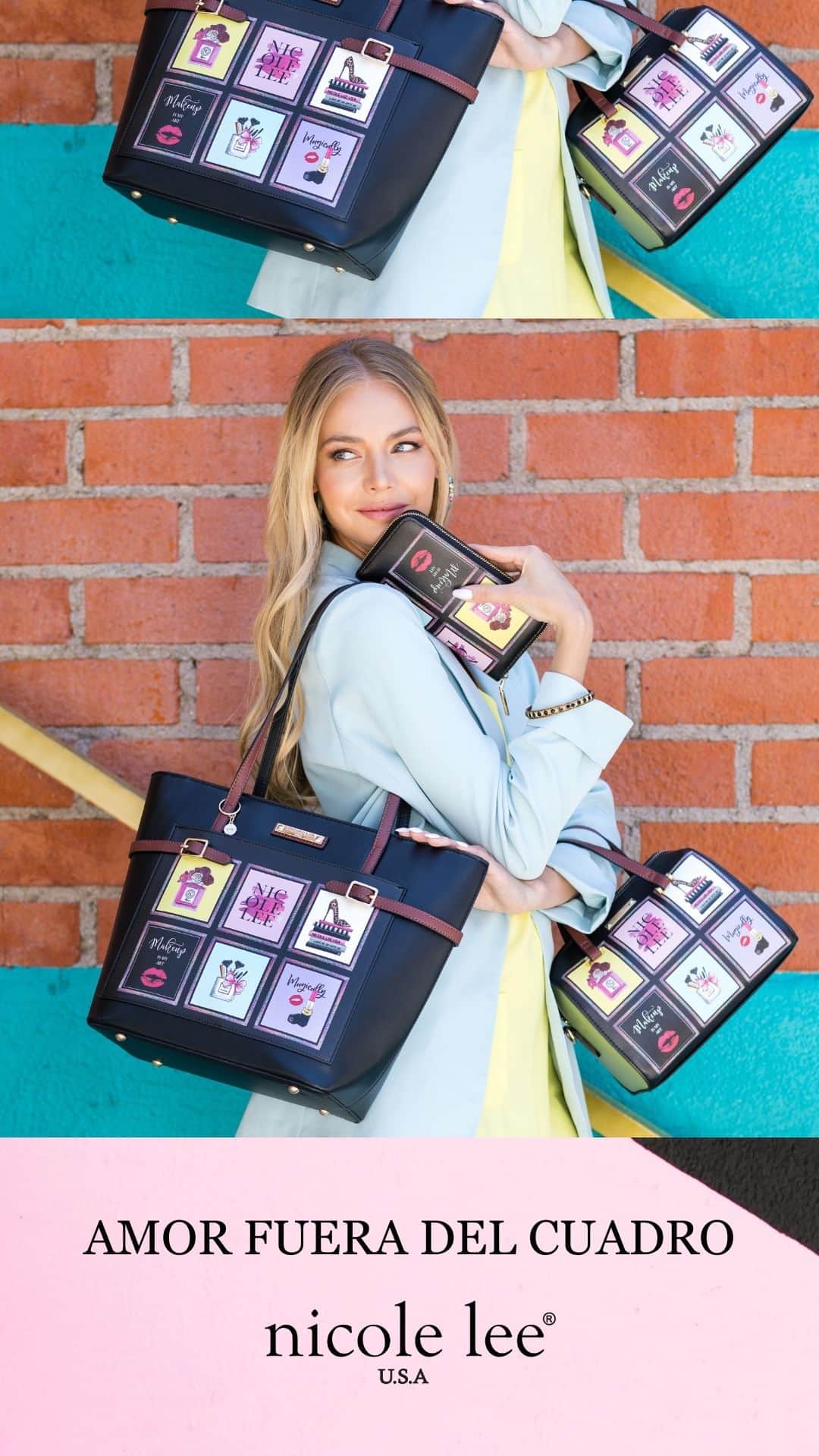 ニコールリーのインスタグラム：「Amor Fuera Del Cuadro translates to “Love outside the box” Love has many definitions and knows no boundaries. A major source of inspiration for my designs, love is a common theme I like to represent in creative and colorful ways. Each box in this playful print is meant to resonate with all types of individuals whether you’re a beauty enthusiast or fashionista but also serve as a reminder that love knows no boundaries and can be expressed in creative outlets that extend beyond structures and boundaries. 🌺💖👠💋💅💄  El amor tiene muchas definiciones y no conoce fronteras. Una importante fuente de inspiración para mis diseños, el amor es un tema común que me gusta representar de manera creativa y colorida. Cada cuadro en este divertido print está diseñado para resonar con todo tipo de personas, ya seas un entusiasta de la belleza o un amante de la moda, pero también sirve como un recordatorio de que el amor no conoce fronteras y puede expresarse en formas creativas que se extienden más allá de las estructuras y los límites. 🌺💖👠💋💅💄  Tap below to see the new collection or visit our website!! ✨  #nicoleleeusa #lovemehatemeNL #fw23 #amorfueradelcuadro #AFDC #handbags #accessories #newarrivals #newcollection」