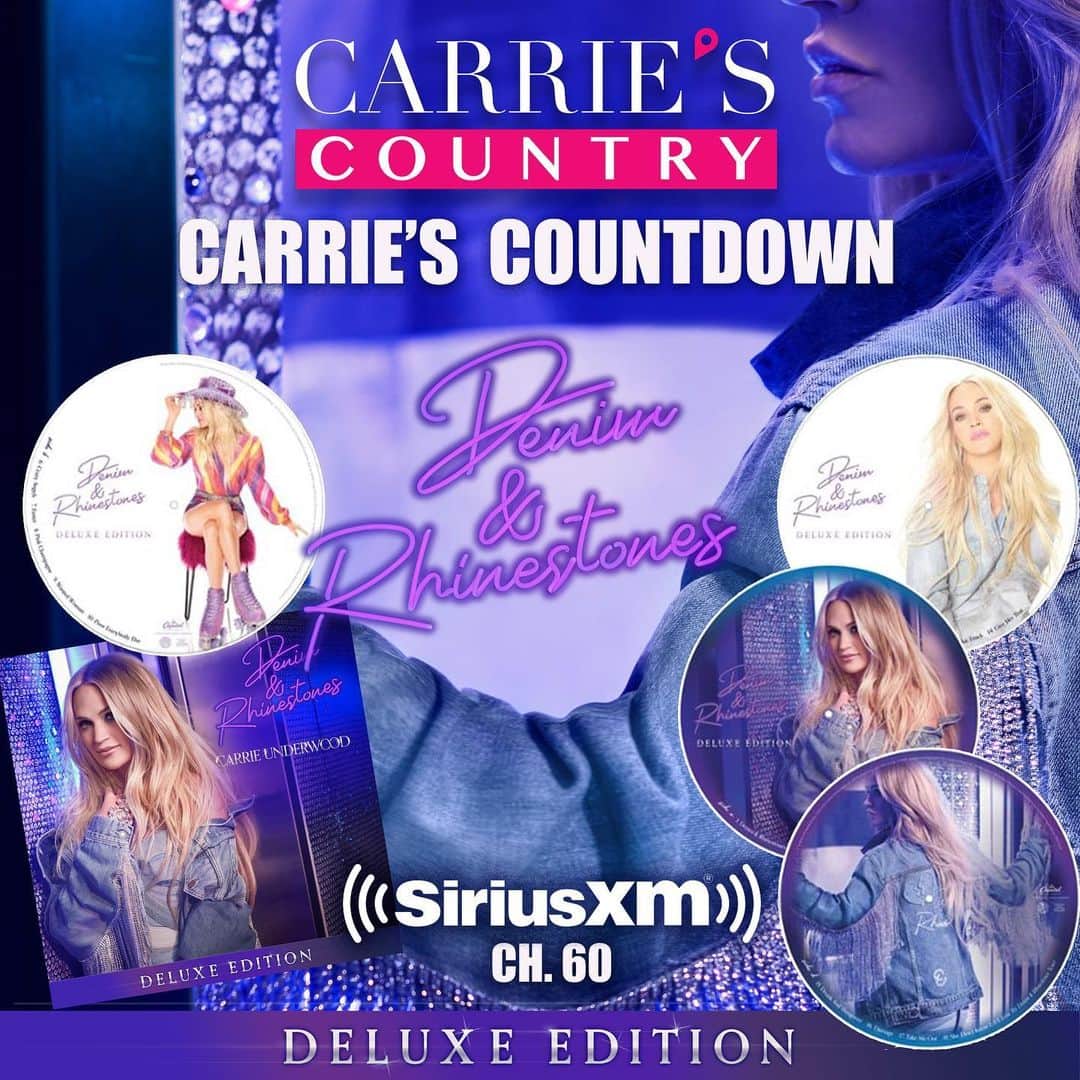 のインスタグラム：「Tune in this week as we celebrate the release of “Denim & Rhinestones Deluxe Edition” with a very special episode of Carrie’s Countdown!  Premiering today at 3PM ET. 💎siriusxm.us/CarriesCountry」