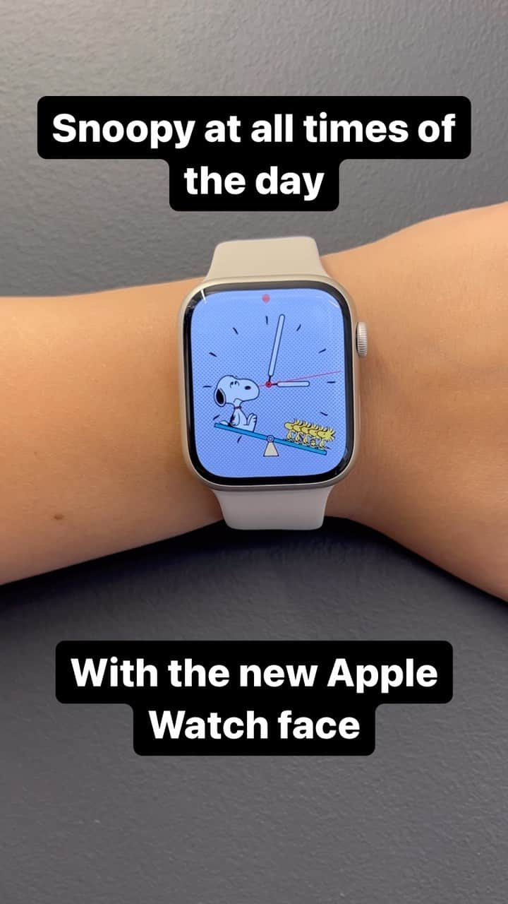 スヌーピーのインスタグラム：「watchOS 10 introduces a new Snoopy watch face! 148 different animations and numerous animated sequences will brighten your day simply by checking the time! watchOS 10 is available today for Apple  Watch Series 4 or later, and requires iPhone XS or later running iOS 17.」