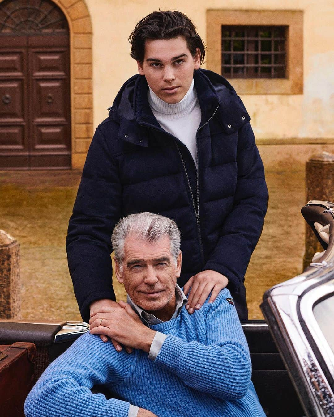 ピアース・ブロスナンのインスタグラム：「”A Father and Son Tale” @Paul&Shark   Photos by @giampaolosgura and styled by @annadellorusso   #paulandshark #followtheshark #afatherandsontale #adfw23」