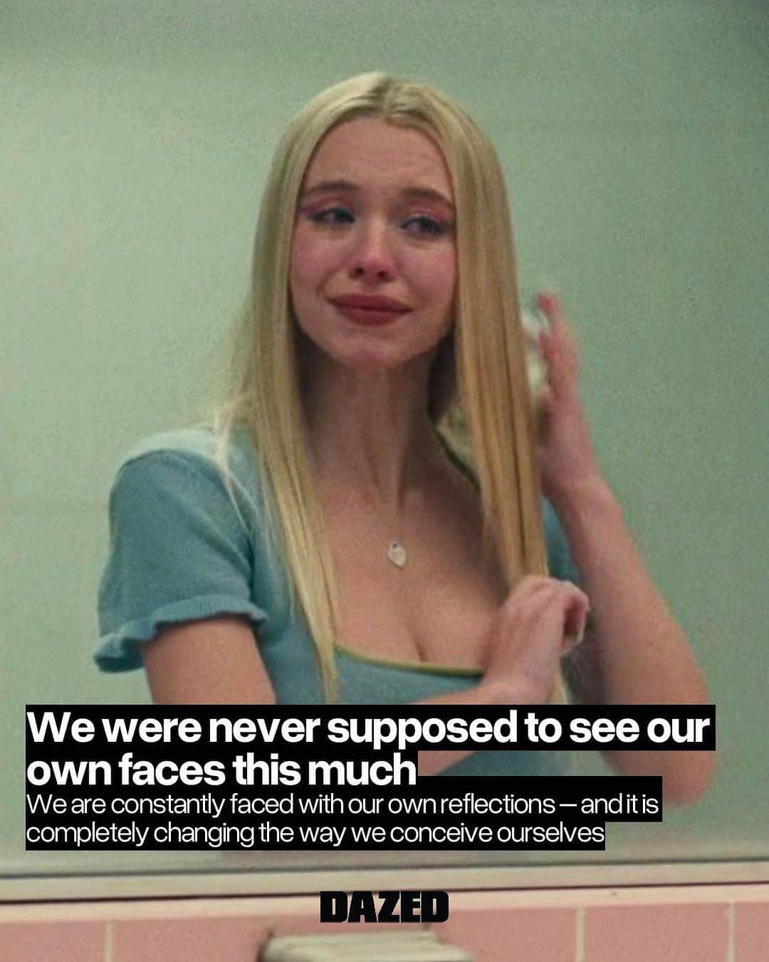Dazed Magazineのインスタグラム：「If it ever feels like you’re constantly looking at your own face, that’s because you probably are 👁👄👁  Nowadays, we see ourselves on Zoom calls and FaceTime, we make TikToks and watch them back before posting, we take hundreds of selfies before deciding on the “one”, we have BeReal popping up and prompting us to look at ourselves. We’re faced with our reflection in so many instances throughout an average day, it’s no wonder we’re so preoccupied with the way we look.  It didn’t always used to be like this. Our ancestors’ realities were hugely different to our own. Before mirrors were invented, the earliest type of “mirror” used was nature – reflections in ponds, lakes and rivers when waters were calm enough to reveal a flat surface. But even then, we had never truly “seen” ourselves and, because of this, we had a very different concept of who we were.  But what is the impact of constantly being aware of ourselves? The impact of this kind of self-scrutiny can be seen in the phenomenon known as “Zoom dysmorphia” which occurred over lockdown when everyone was forced to look at their own faces all day while on Zoom.  Read about it through the link in our bio 🔗  📷 Euphoria, 2022 ✍️ @iamlolaalao」
