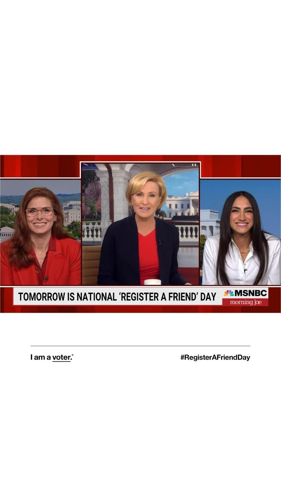 デブラ・メッシングのインスタグラム：「What an incredible privilege to share #RegisteraFriendDay with @morningjoe and our favorite friend, @mikabrzezinski. After reading countless studies about the significant impact of friends in voter turnout (a reminder from a friend can make a voter up to 2x more likely to vote), @iamavoter launched Register a Friend Day - because friends don’t let friends skip elections!  This has become the organization’s highest day of engagement and we are so excited to launch it again September 19th on #nationalvoterregistrationday!   If you haven’t read the very compelling data from Robert Reynolds and Vote Tripling yet, we highly recommend it!   Please text FRIENDS to 26797 to make are you are registered to vote, and tag three friends below to remind them to check their registrations!  @therealdebramessing @mandanadayani @iamavoter #knowyourvalue #iamavoter」