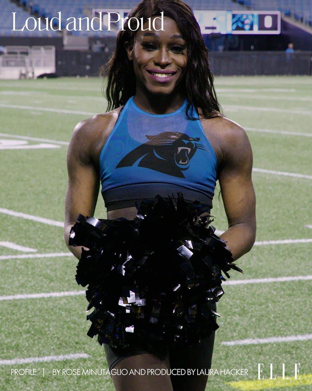 ELLE Magazineのインスタグラム：「Last year, Justine Simone Lindsay became the NFL’s first openly transgender cheerleader. For many football fans, her presence in the @panthers stadium has symbolized the start of a new chapter for NFL cheer, one where “it’s okay to be your most authentic self,” Lindsay says. As transgender voices continue to be silenced all across the country, Lindsay is making hers louder than ever this season. “Did I think making the team would have that much impact? No, not at first,” she says. “But I just was like, ‘You know what? If I'm going to do this, I'm going to do this.’” Link in bio to read @minutaglio's exclusive profile of the history-making cheerleader. Produced by @lohack5」