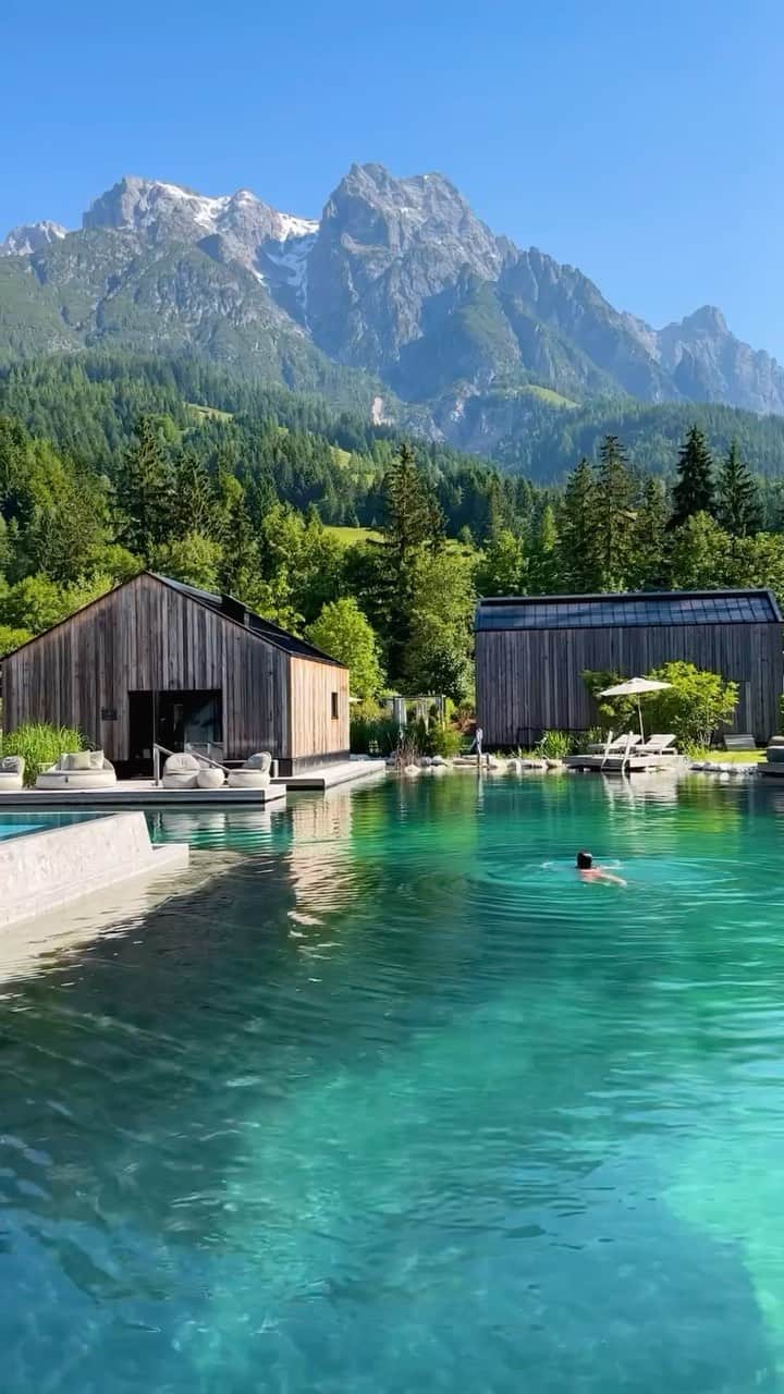 BEAUTIFUL HOTELSのインスタグラム：「Exploring the enchanting world of @naturhotelforsthofgut in Leogang, Austria! 🇦🇹   Did you know this eco-friendly haven sits amidst the Austrian Alps, offering year-round outdoor adventures, including these crystal clear turquoise waters! 🏞️ Whether you’re seeking an adventure-packed getaway or a serene escape in the Austrian Alps, Naturhotel Forsthofgut offers an unforgettable experience that leaves you feeling reconnected with nature. ⛰️  📽 @naturhotelforsthofgut 📍 Naturhotel Forsthofgut, Leogang, Austria 🎶 Phil Wickham - Reason I Sing - Acoustic」
