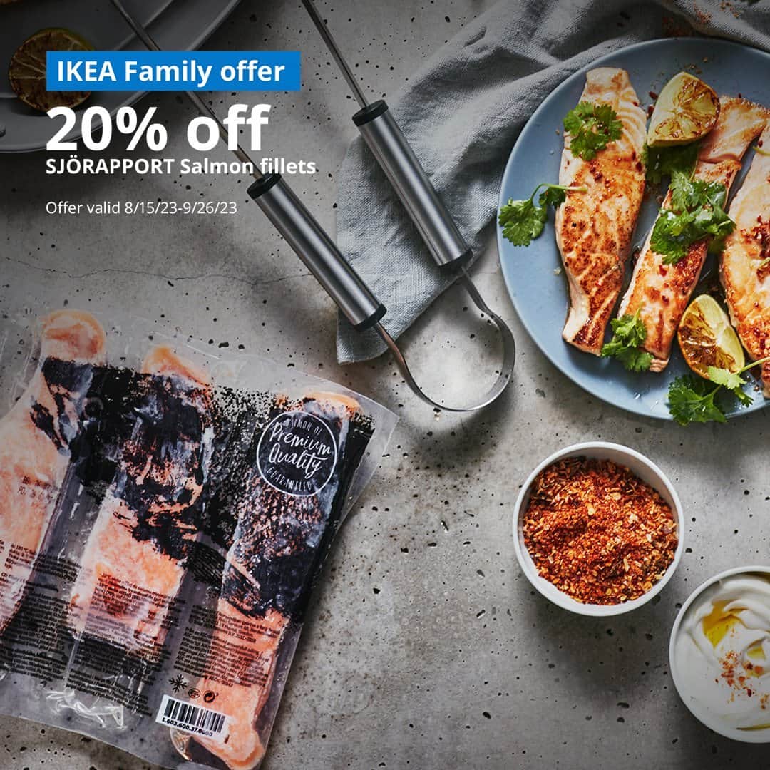 IKEA USAのインスタグラム：「Your healthy dinner go-to is now even more of a catch. Hurry, get 20% off delicious, certified sustainable salmon fillets at your local store before this IKEA Family offer swims away on 9/26/23!」