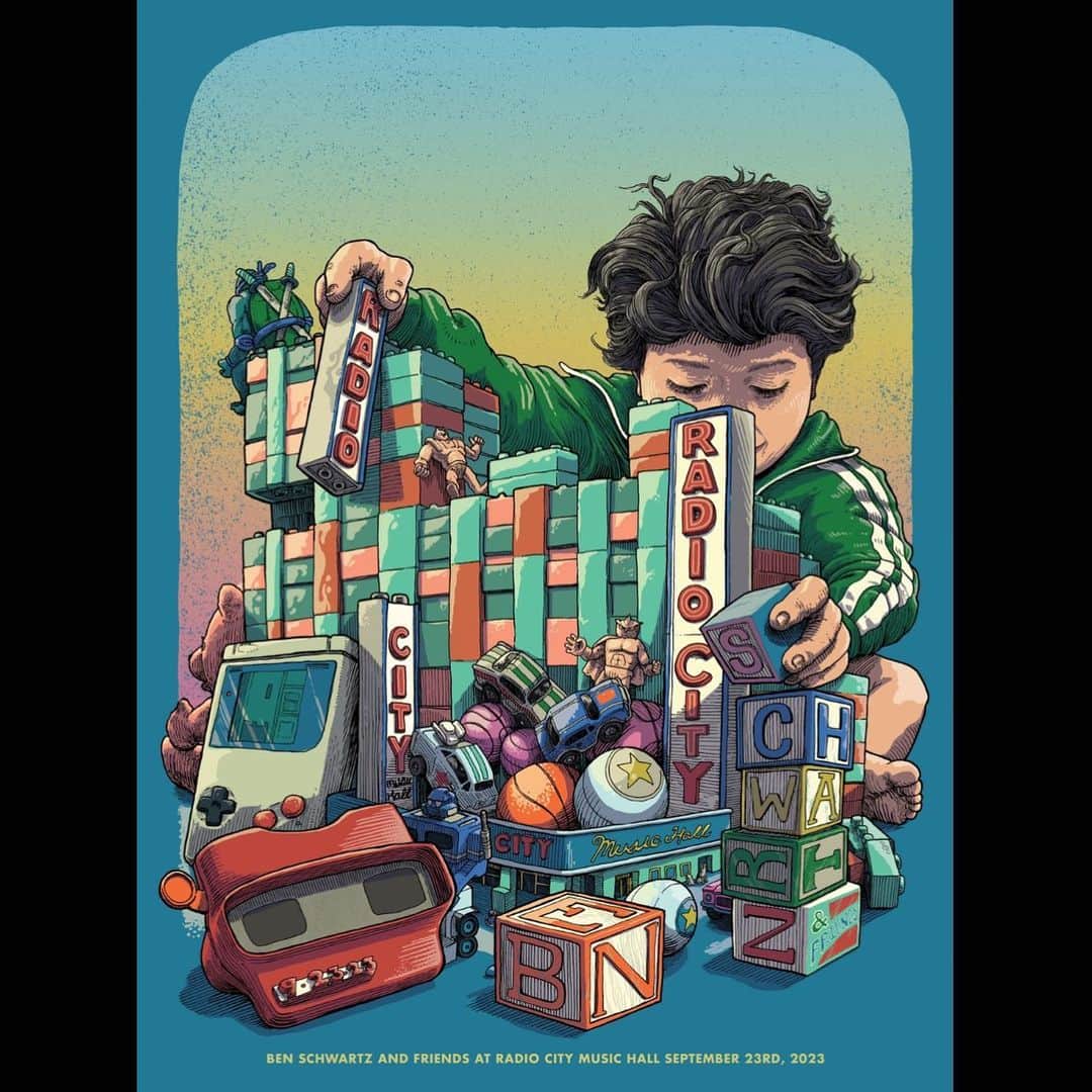 ベン・シュワルツのインスタグラム：「Poster hero @davekloc has outdone himself yet again. Here is the limited edition poster he made for my Radio City Music Hall show on 9/23. It will be available at the venue to buy signed or unsigned. Only 285 printed. I love Dave Kloc and I love his art. See you soon NYC.」