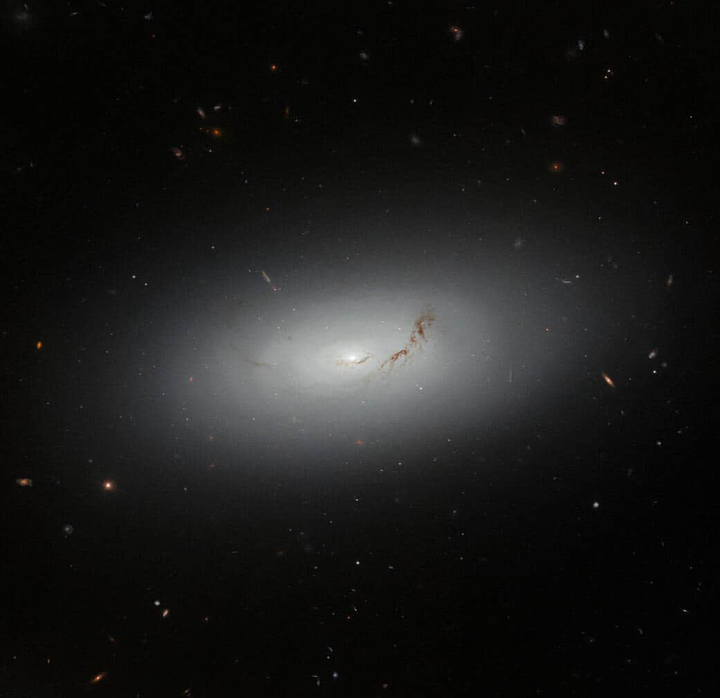 NASAのインスタグラム：「Tonight, when you go to sleep, maybe you’ll dream about this Hubble view. This hazy image is the lenticular galaxy NGC 3156. Lenticular galaxies fall somewhere between elliptical and spiral galaxies. NGC 3156 is 73 million light-years away and in the minor equatorial constellation Sextans.  Image Description: A large lenticular galaxy. It appears to be formed of faint, grey, concentric ovals that grow progressively brighter towards the core, where there is a very bright point, and fade away at the edge. Two threads of dark red dust cross the galaxy’s disc, near the center. The background is black and mostly empty, with only a few point stars and small galaxies.」