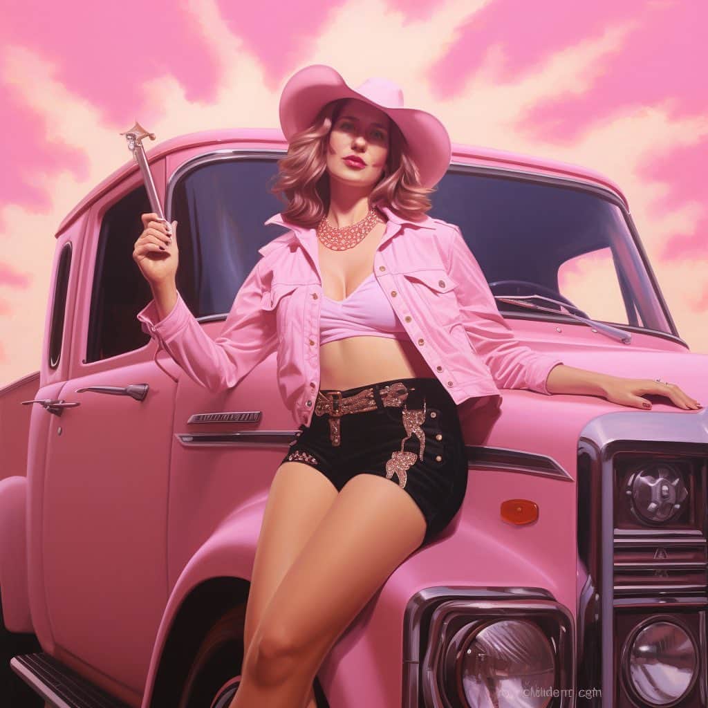 ローラ・カークさんのインスタグラム写真 - (ローラ・カークInstagram)「In Lola’s Dreamworld she has a fleet of pink trucks at her disposal, and it’s always sunrise. In the real world she’s a singer, and loves country music, trucks, massages, and the color pink. . . . . #midjourney #aiportraits  #stablediffusion」9月19日 12時36分 - lolakirke