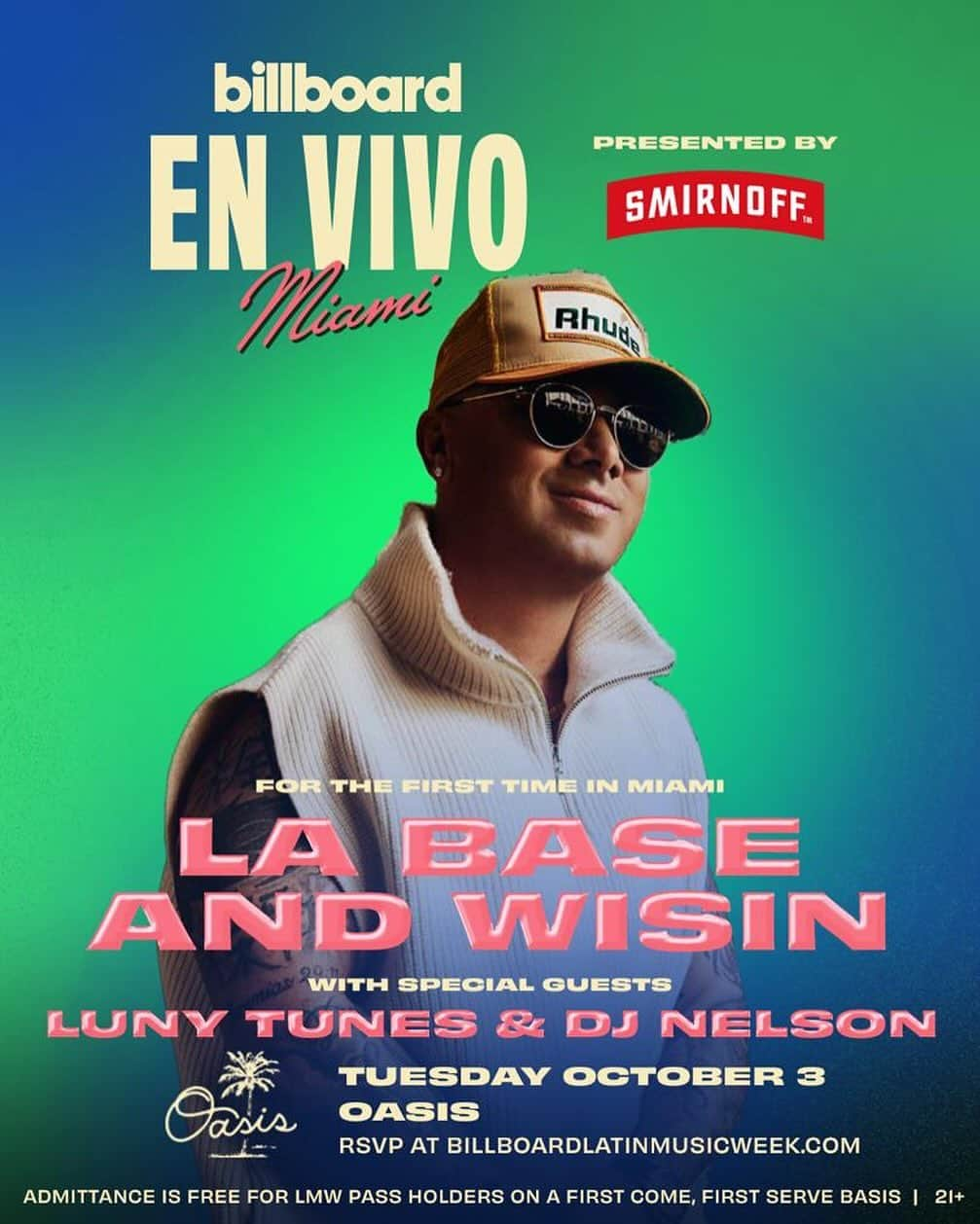 ウィジンのインスタグラム：「LA BASE conquista @oasiswynwood 🔥🔥🚨 MIAMI este 3 de Octubre vamos a romper junto a mis hermanos @lunytunes & @djnelsonmusic 🥋🥋🥋 y varias sorpresas más 🔥🔥🔥 @smirnoff + @billboardlatin」