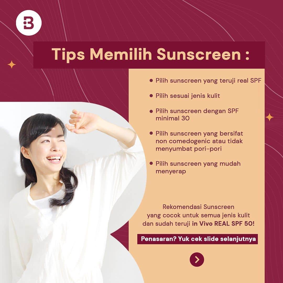 のインスタグラム：「Tinggal di daerah beriklim tropis membuat kita lebih sering terpapar sinar matahari. Maka dari itu Beauties, penting untuk kita melindungi kulit dari paparan sinar UVA dan UVB untuk menghindari risiko penuaan dini, wajah kusam, warna kulit tidak merata hingga risiko kanker kulit. Yuk #BlokSinarUV dengan OMG UV Barrier Sunscreen SPF 50 PA++++ yang sudah teruji in Vivo. Diperkaya dengan Niacinamide, Vitamin C+E dan Peach Extract yang bisa melindungi serta membuat kulitmu cerah seketika. Selain itu, OMG UV Barrier Sunscreen ini juga cepat meresap, tidak berminyak dan no whitecast! Cocok banget untuk semua jenis kulit  Tunggu apa lagi, yuk #BlokSinarUV sekarang juga dan lihat hasilnya」